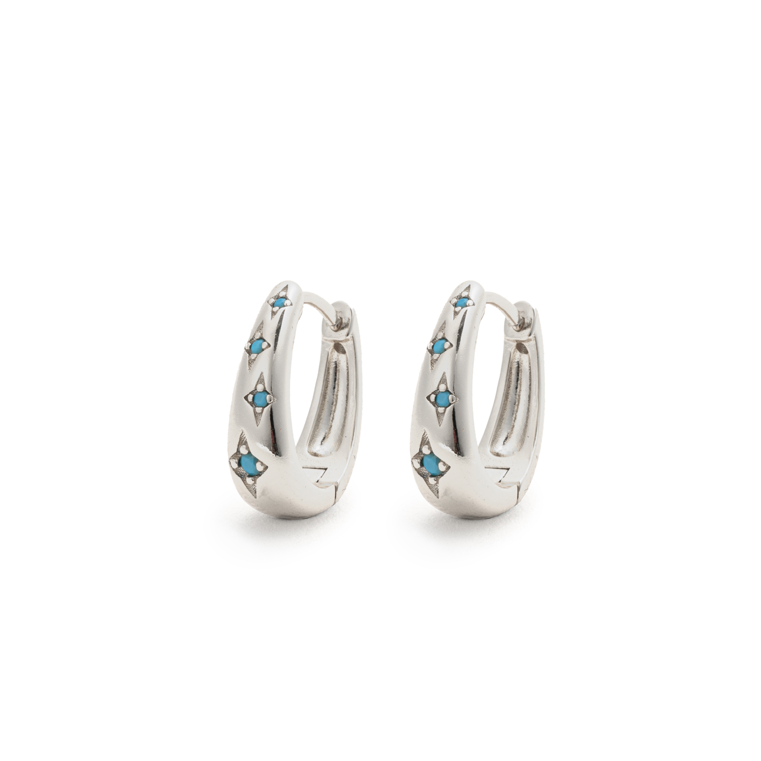 Picture of silver teardrop turquoise stone huggie hoop earrin
