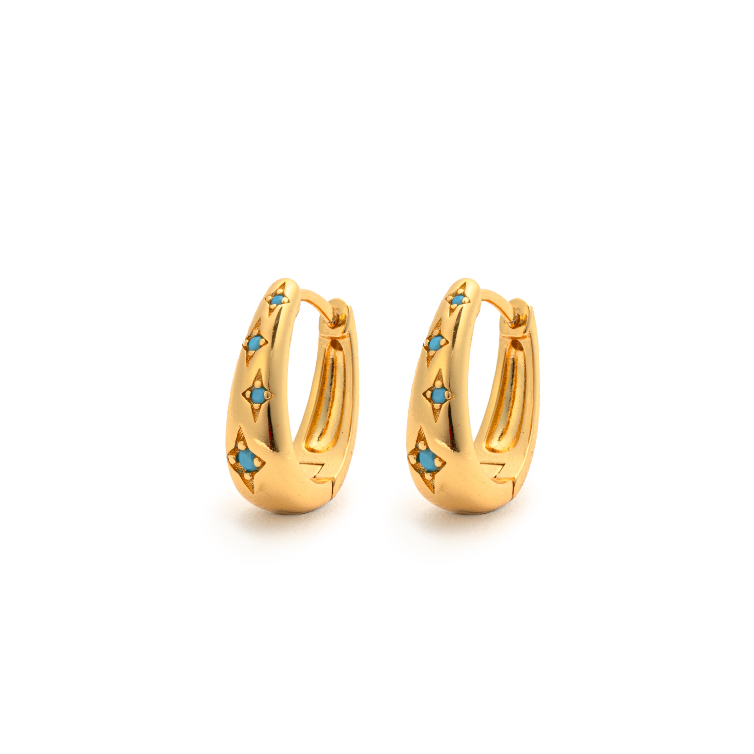 Picture of gold teardrop  turquoise stone huggie hoop earring