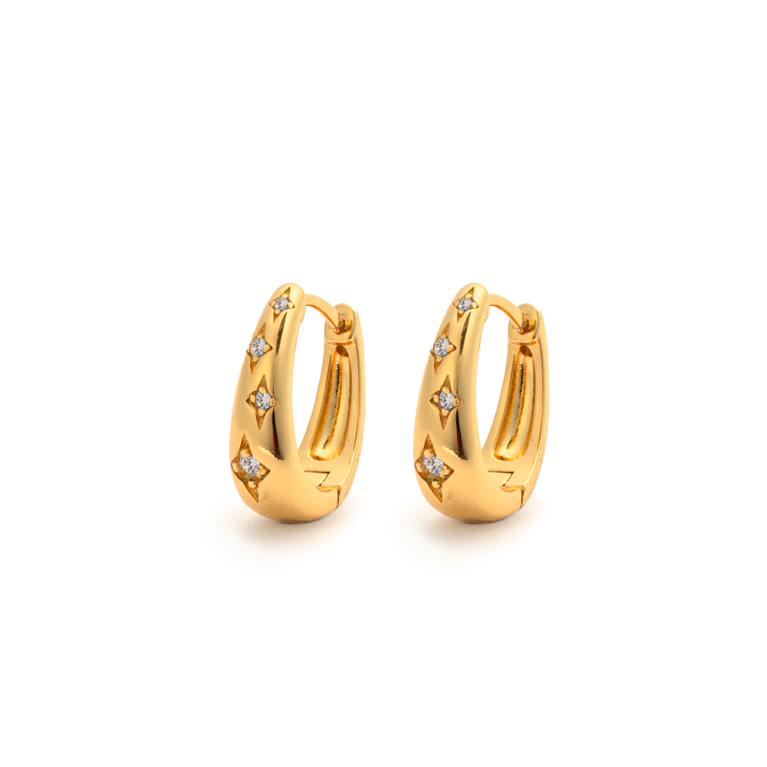 Picture of gold teardrop white stone huggie hoop earring
