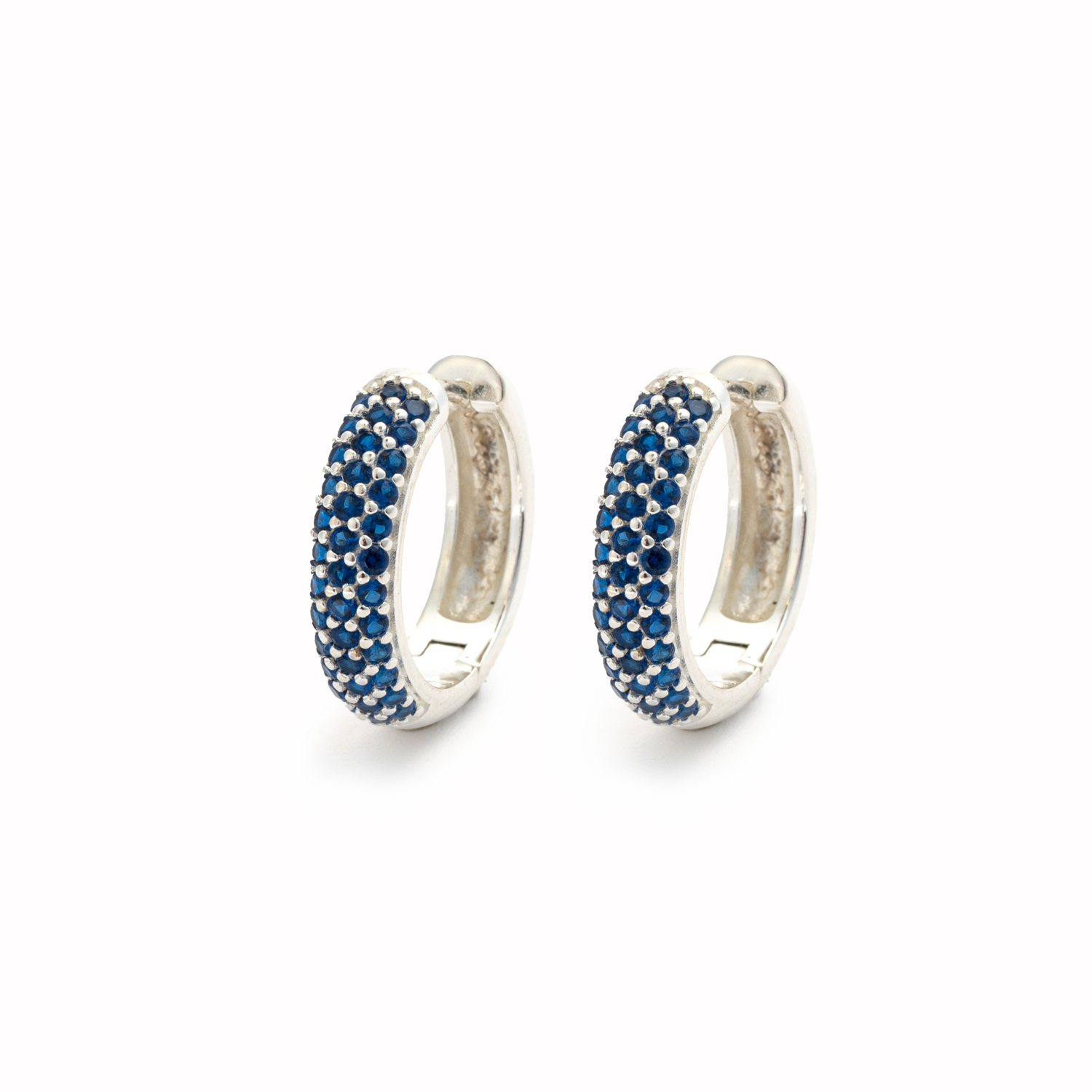 Picture of silver triple-row pave blue stone huggie earrings