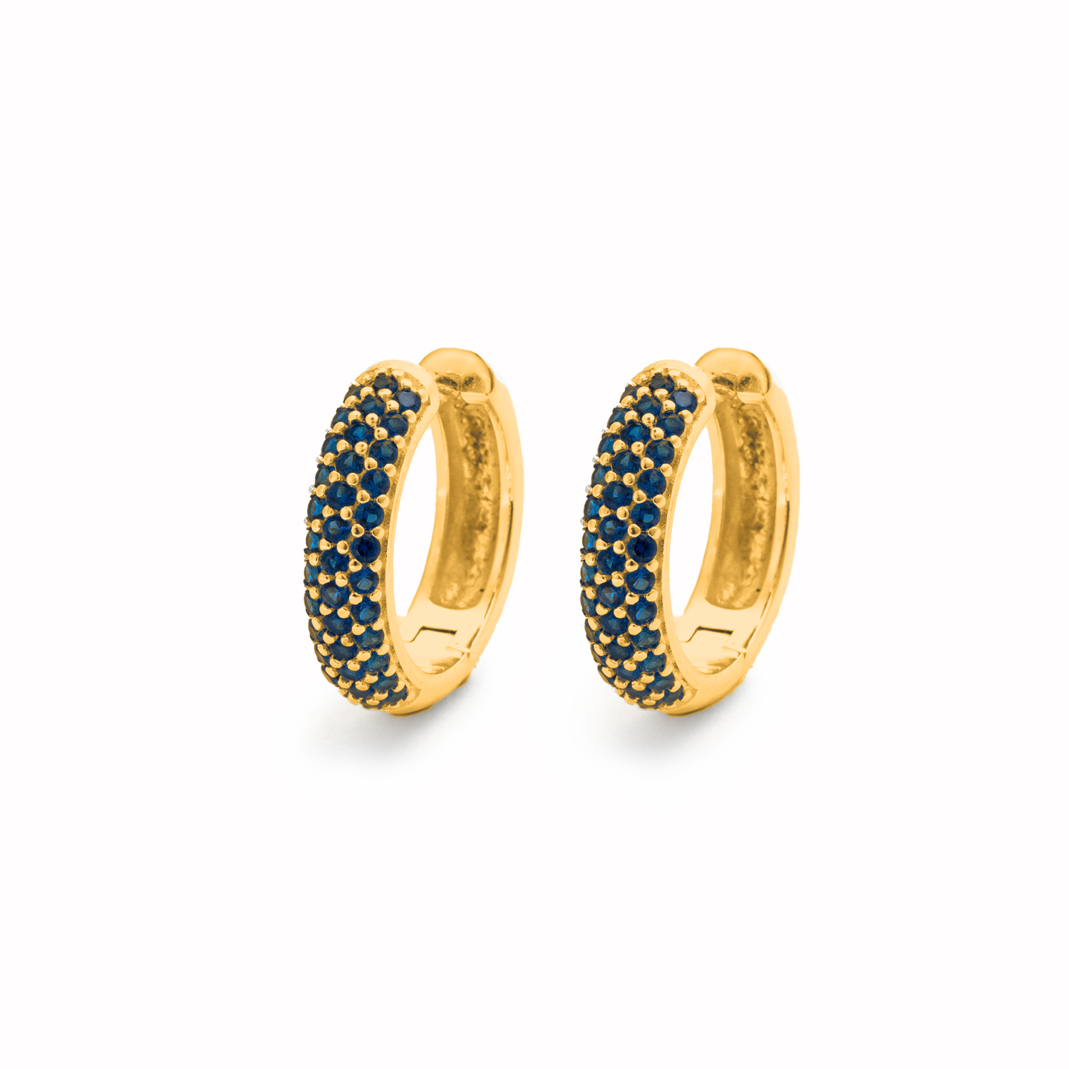Picture of gold triple-row pave blue stone huggie earrings
