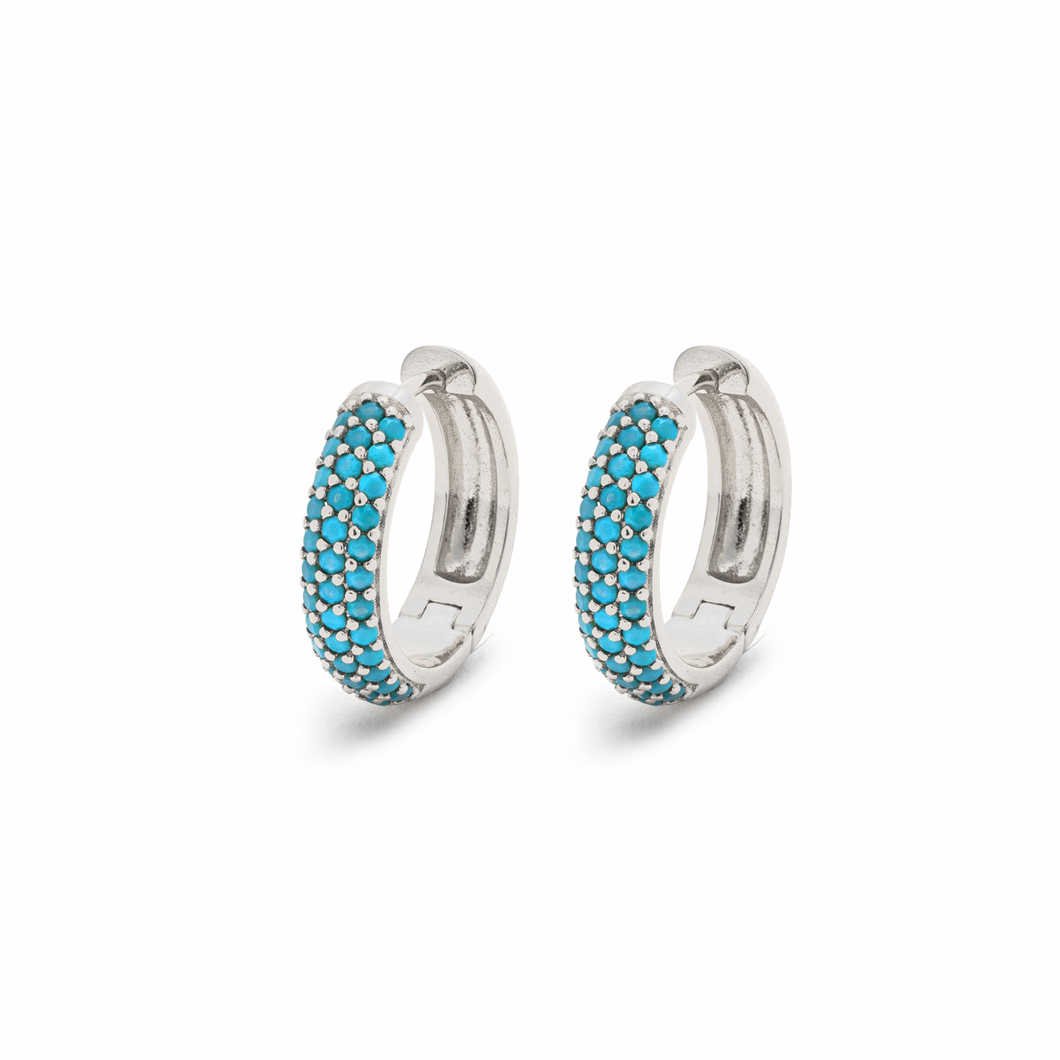 Picture of silver triple-row pave turquoise stone huggie earr