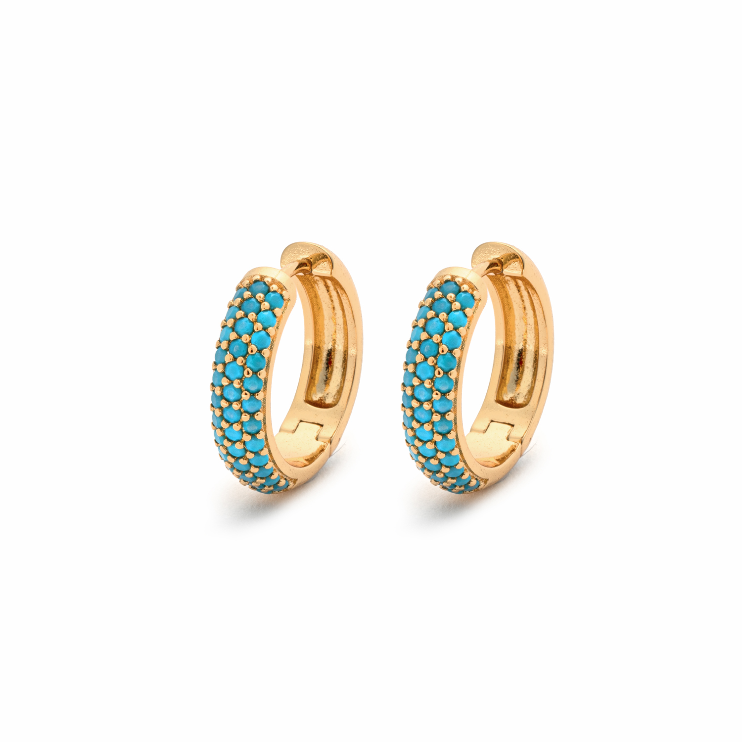 Picture of gold triple-row pave turquoise stone huggie earrin