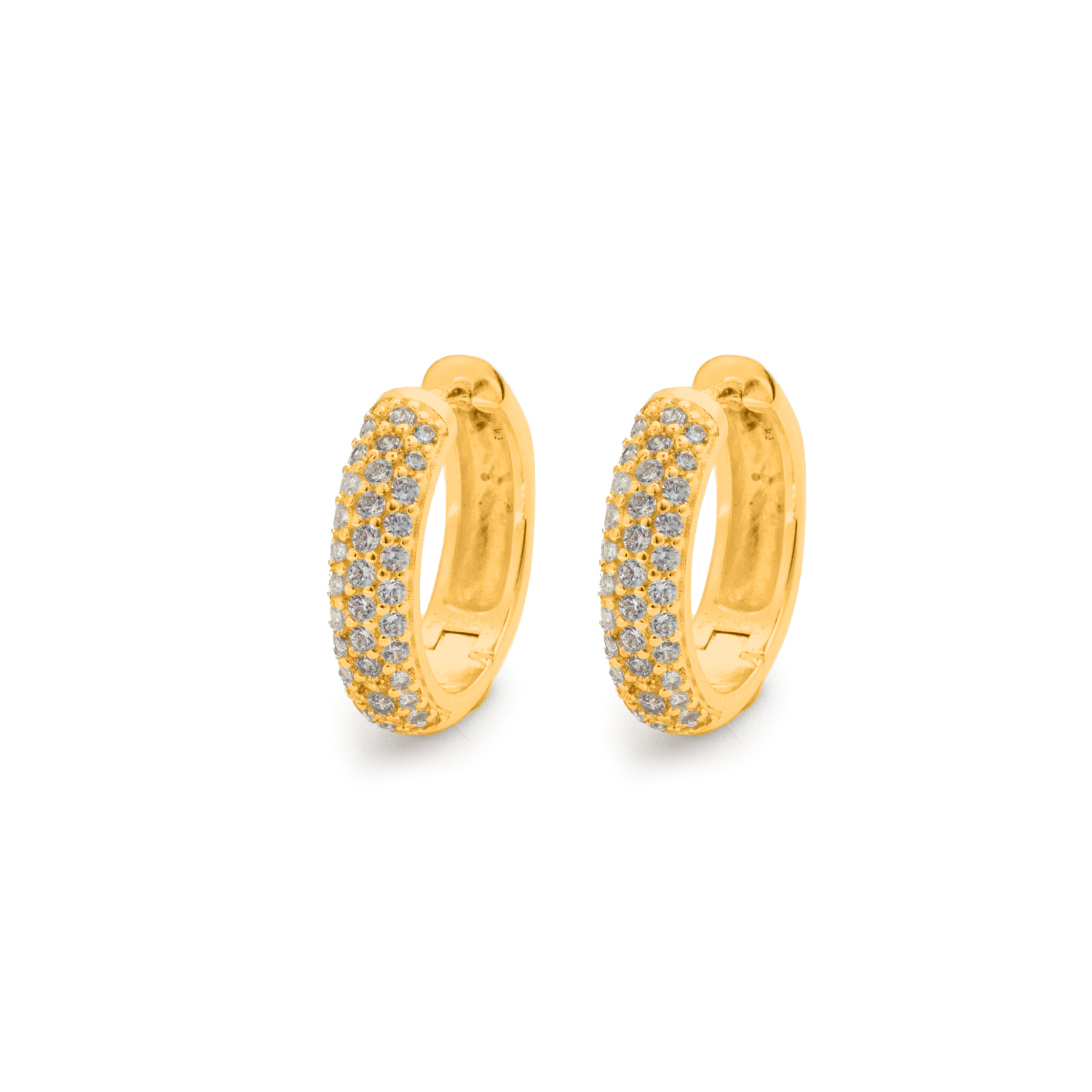 Picture of gold triple-row pave white stone huggie hoop earri