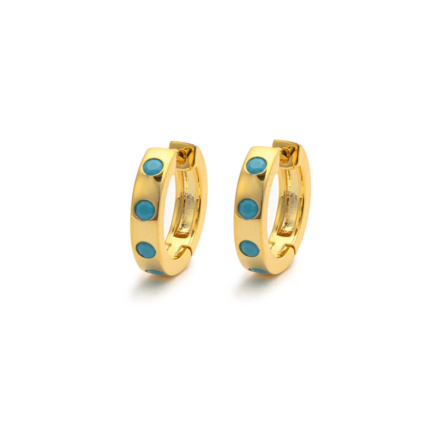 Picture of gold simple band turquoise stone huggie earrings