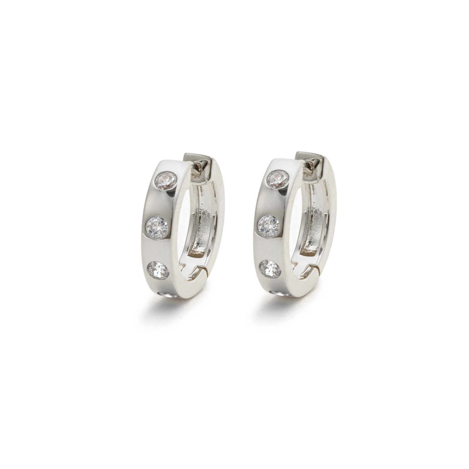 Picture of silver simple band white stone huggie hoop earring