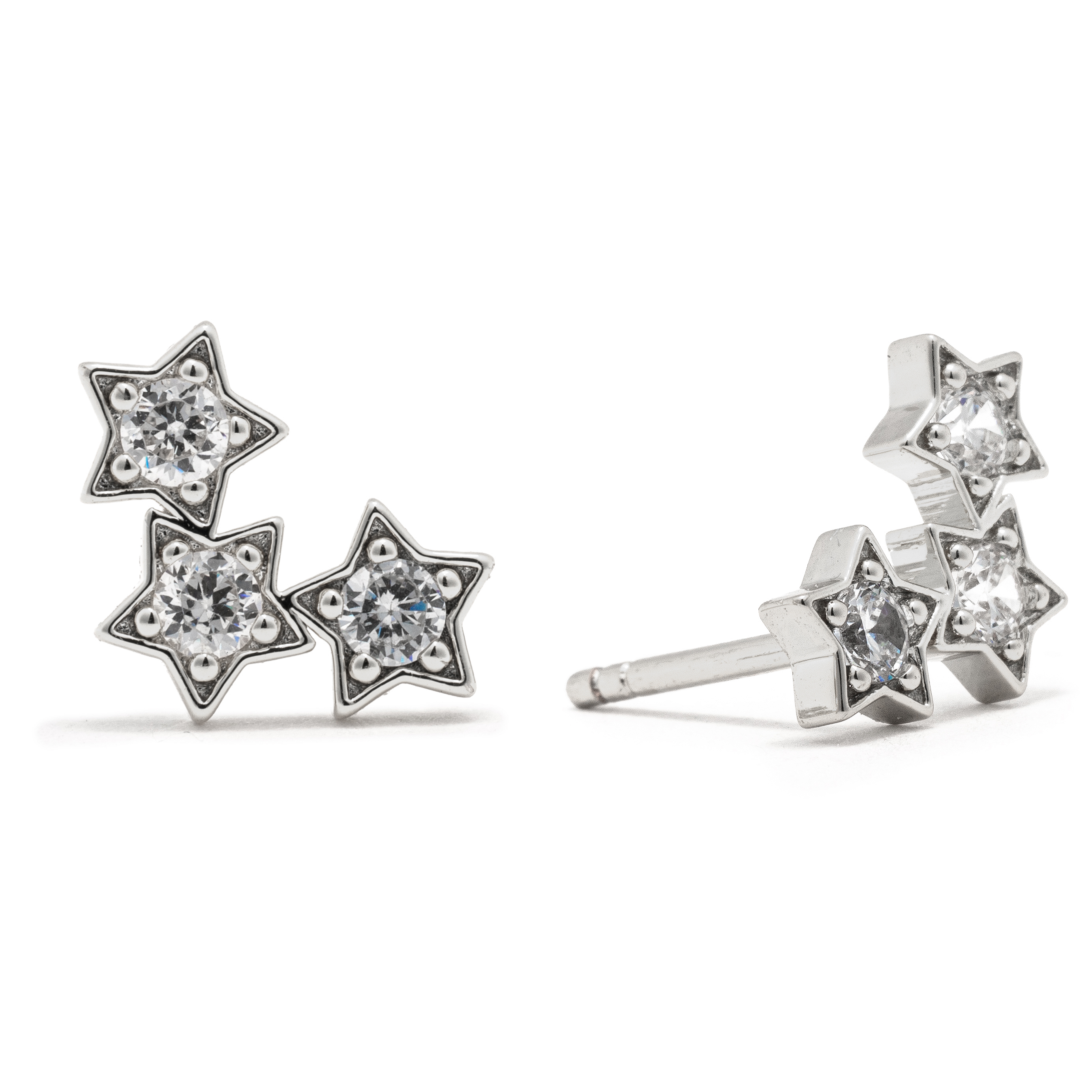 Picture of silver cz trio star dainty charm stud earrings