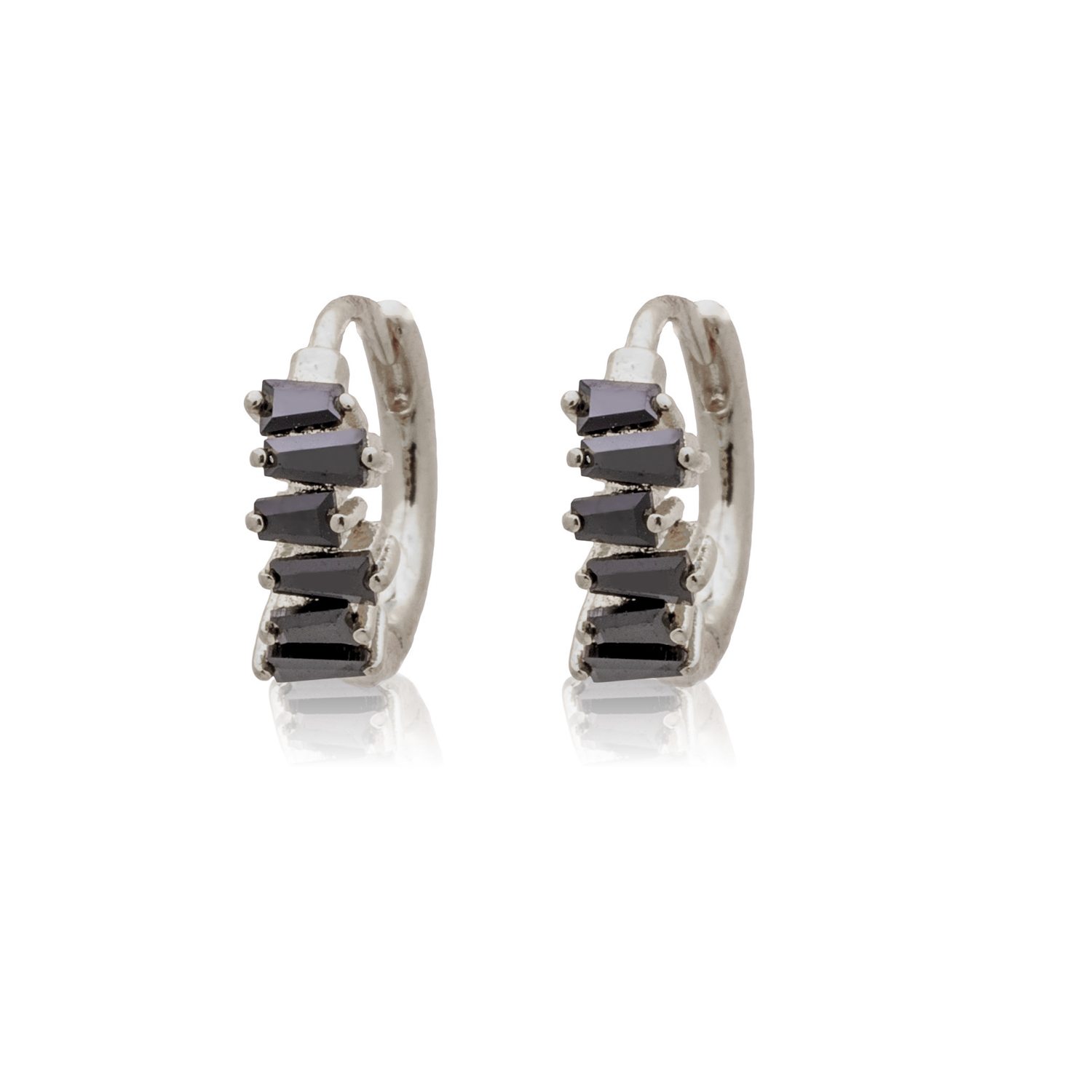 Picture of silver black half rectangle stone huggie hoop earr