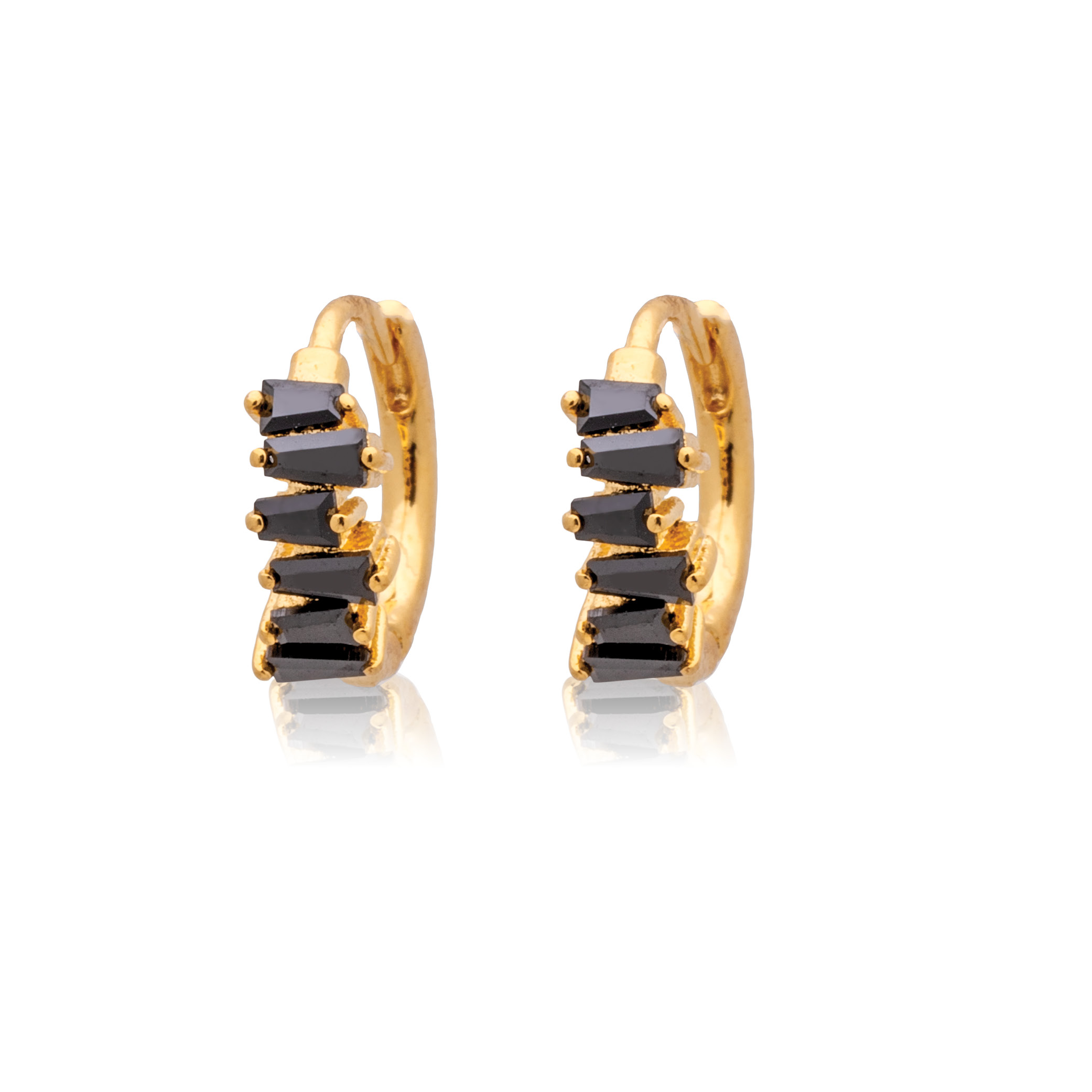 Picture of gold black half rectangle stone huggie hoop earrin