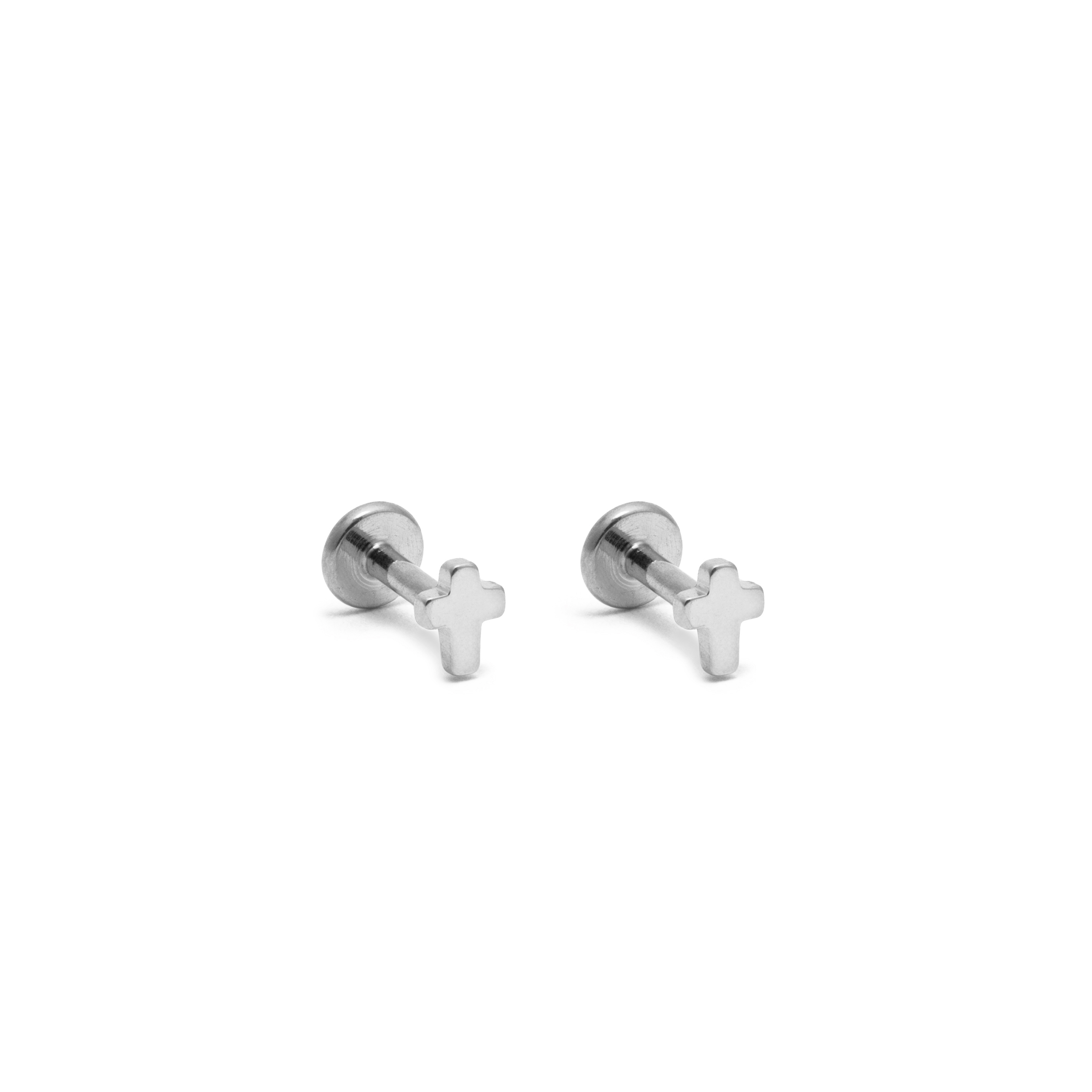 Picture of silver cross dainty flat back stud earrings