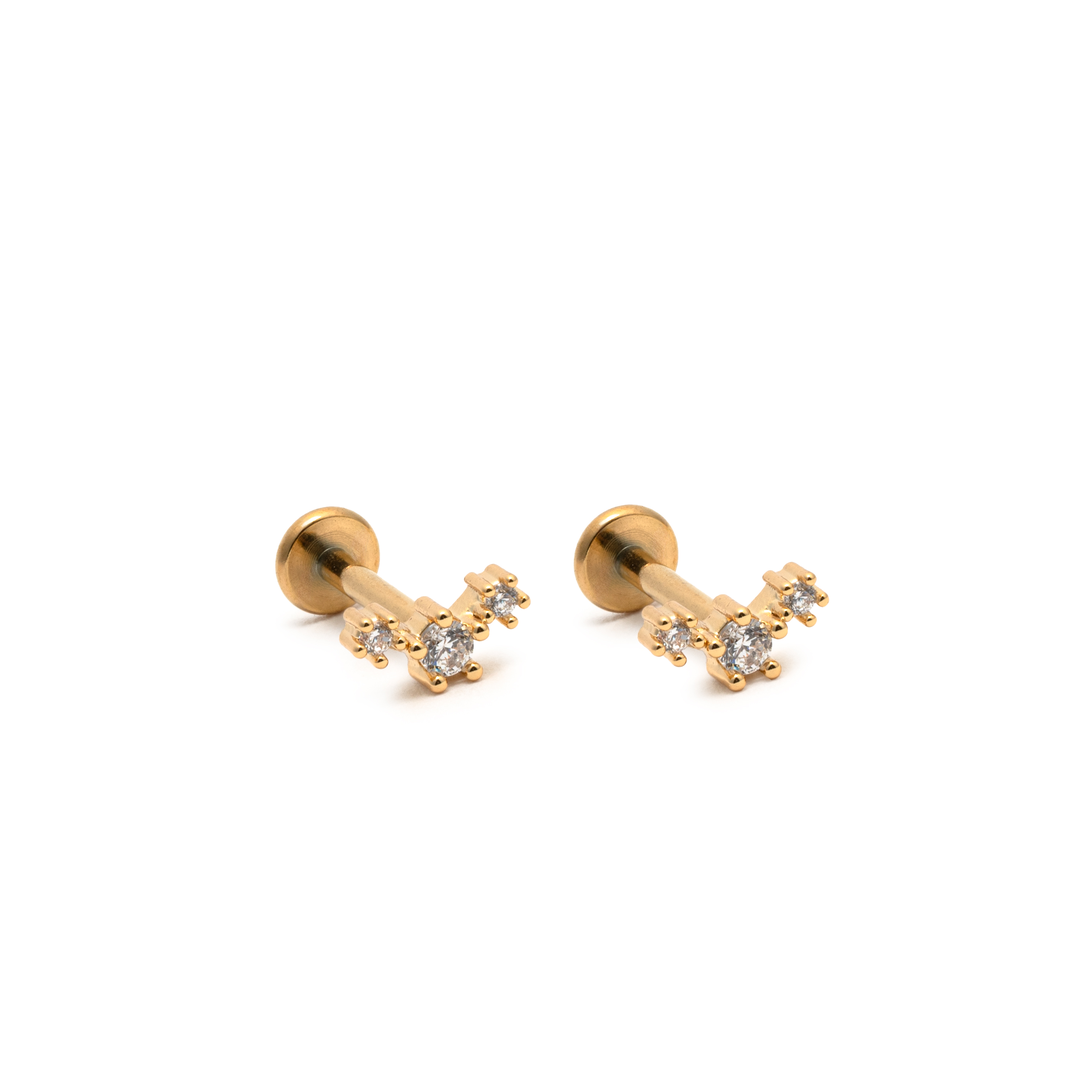 Picture of gold triple cz dainty flat back stud earrings
