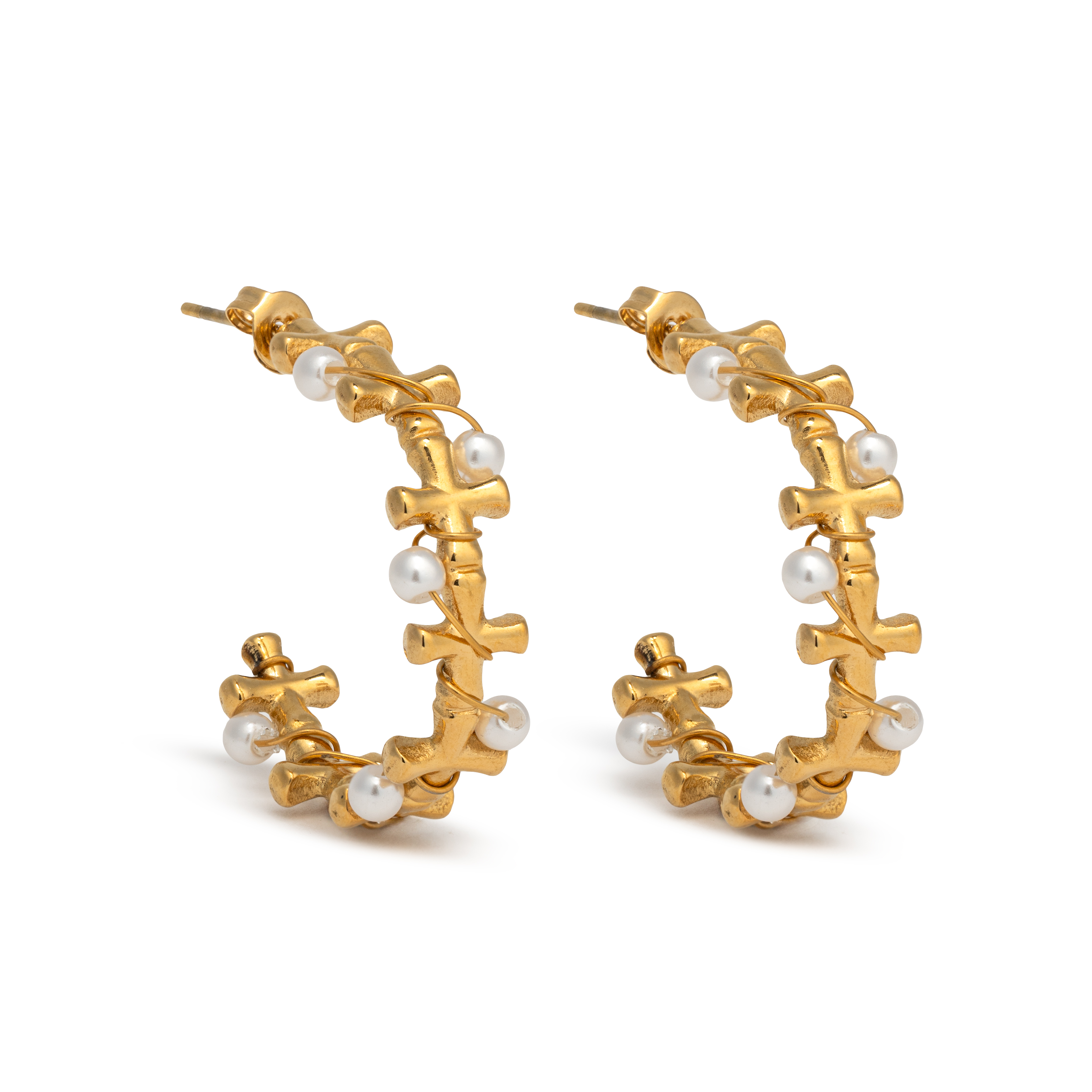 Picture of gold chunky cross link pearl open hoop earring