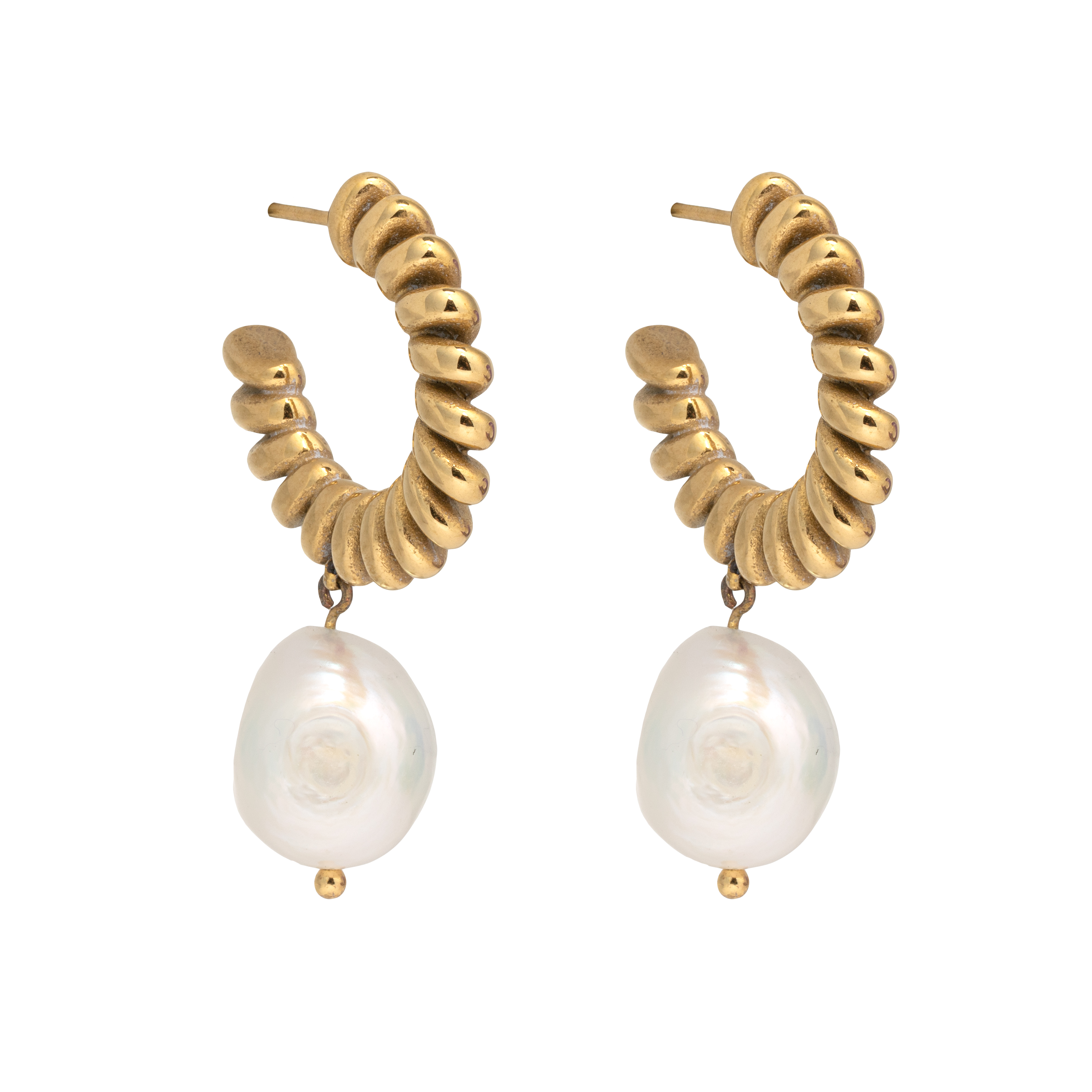 Picture of gold chunky rope pearl open hoop earring