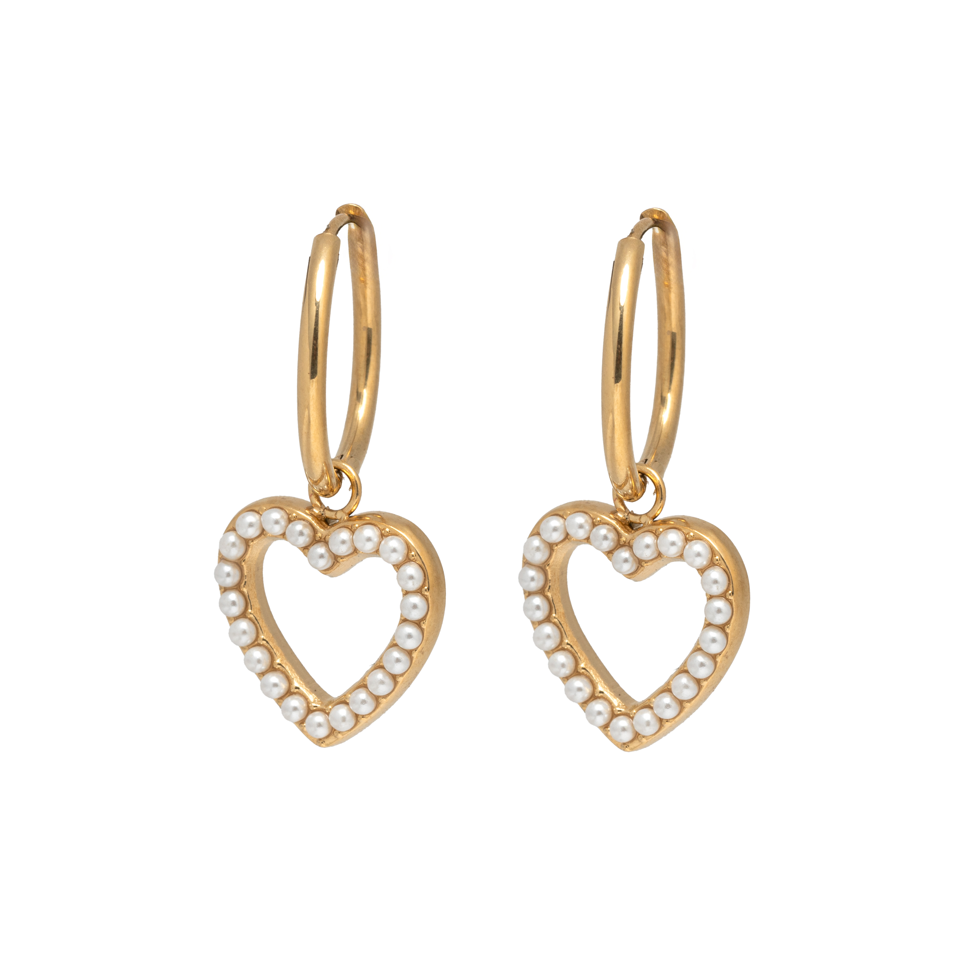 Picture of gold pearl pave heart huggie earring