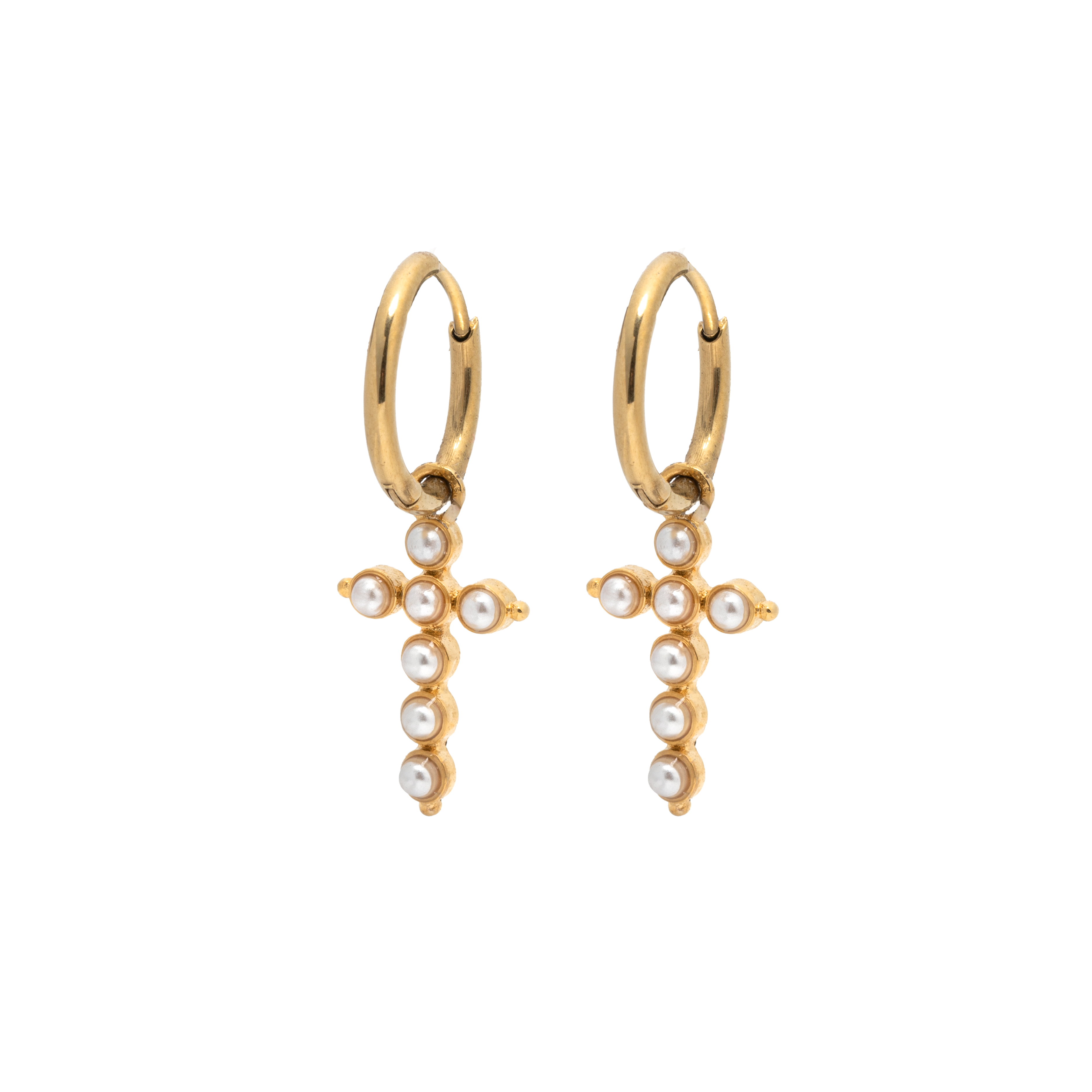 Picture of gold pearl cross huggie earring