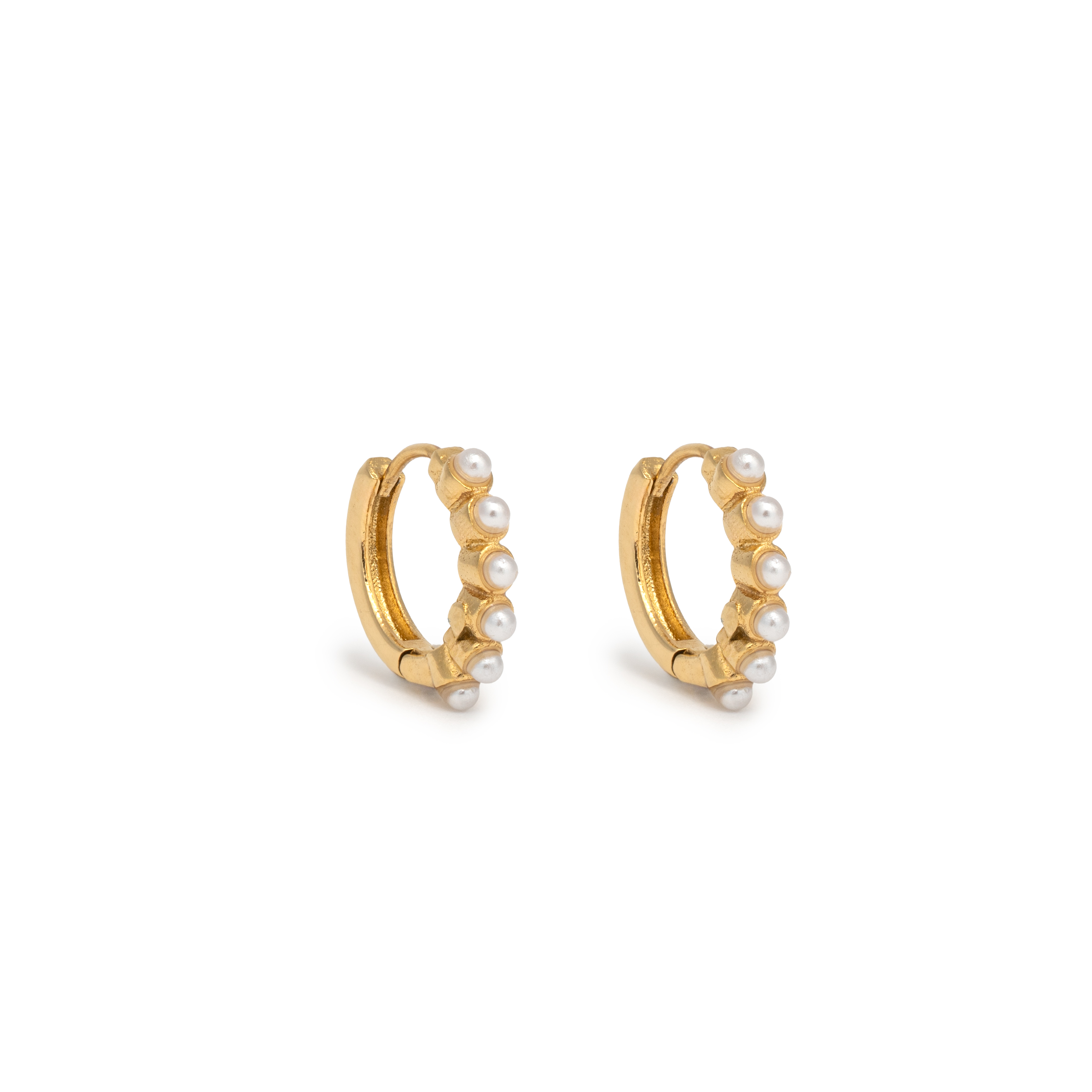 Picture of gold dainty pearl pave huggie earring
