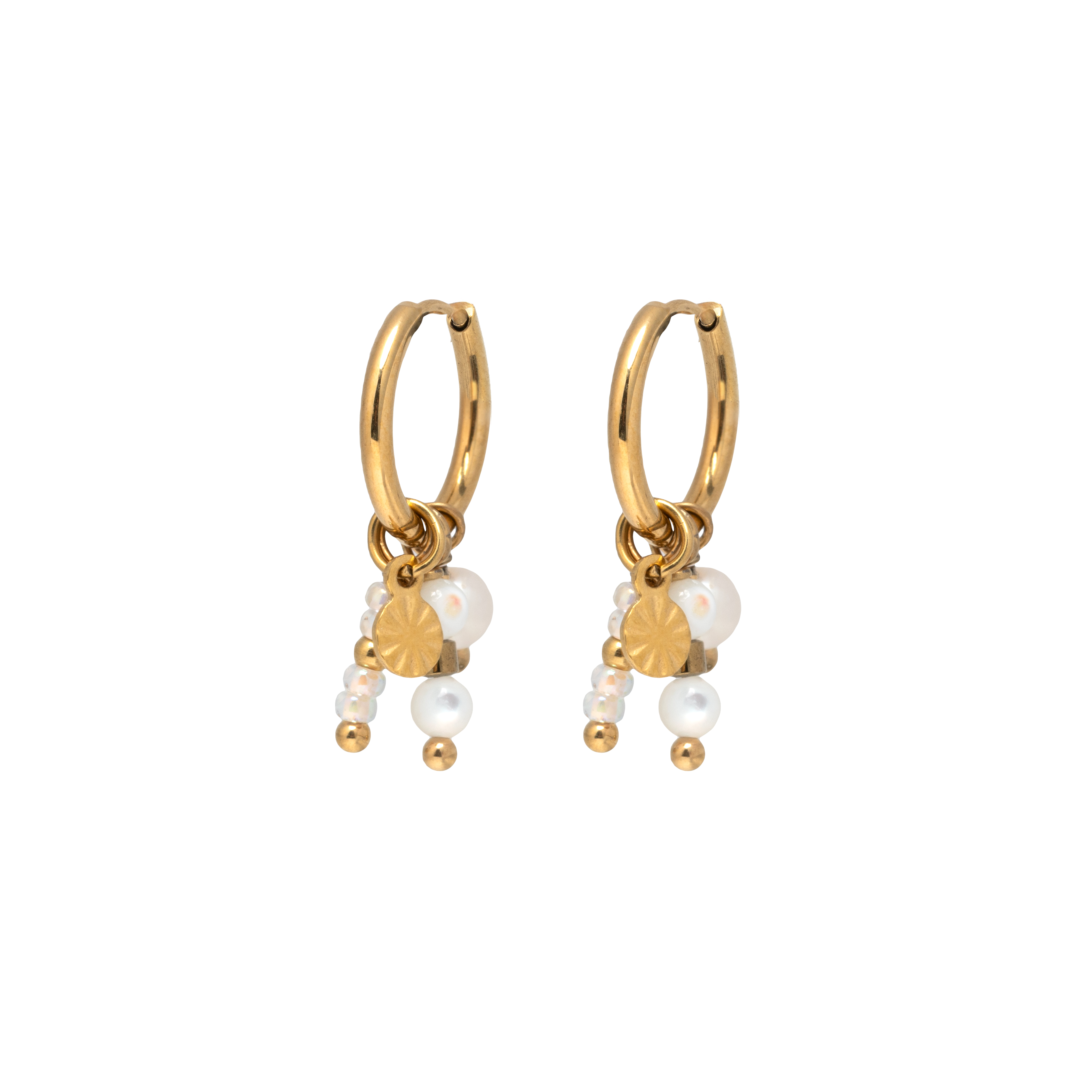 Picture of gold dainty dangling pearl huggie earring