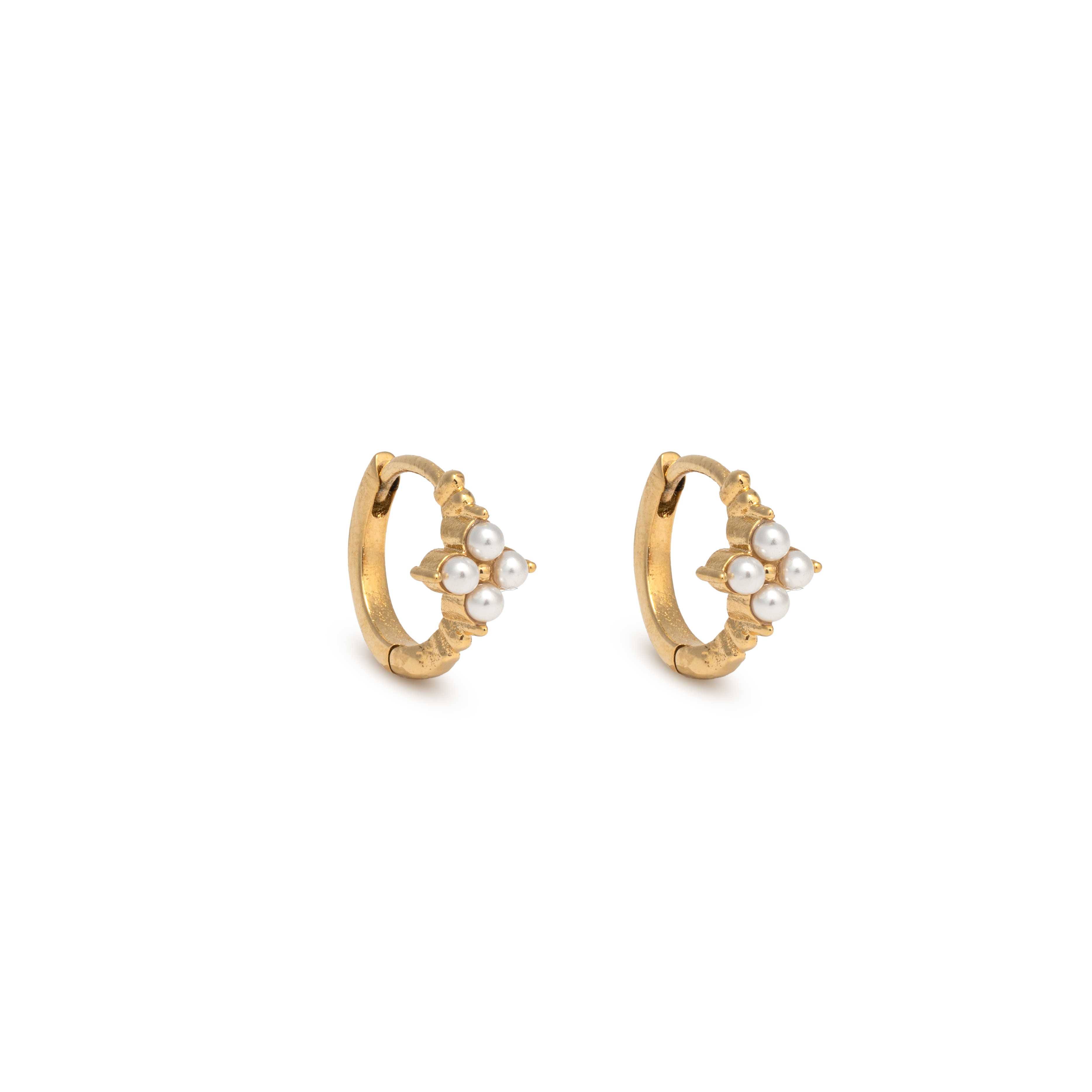 Picture of gold dainty four pearl huggie earring