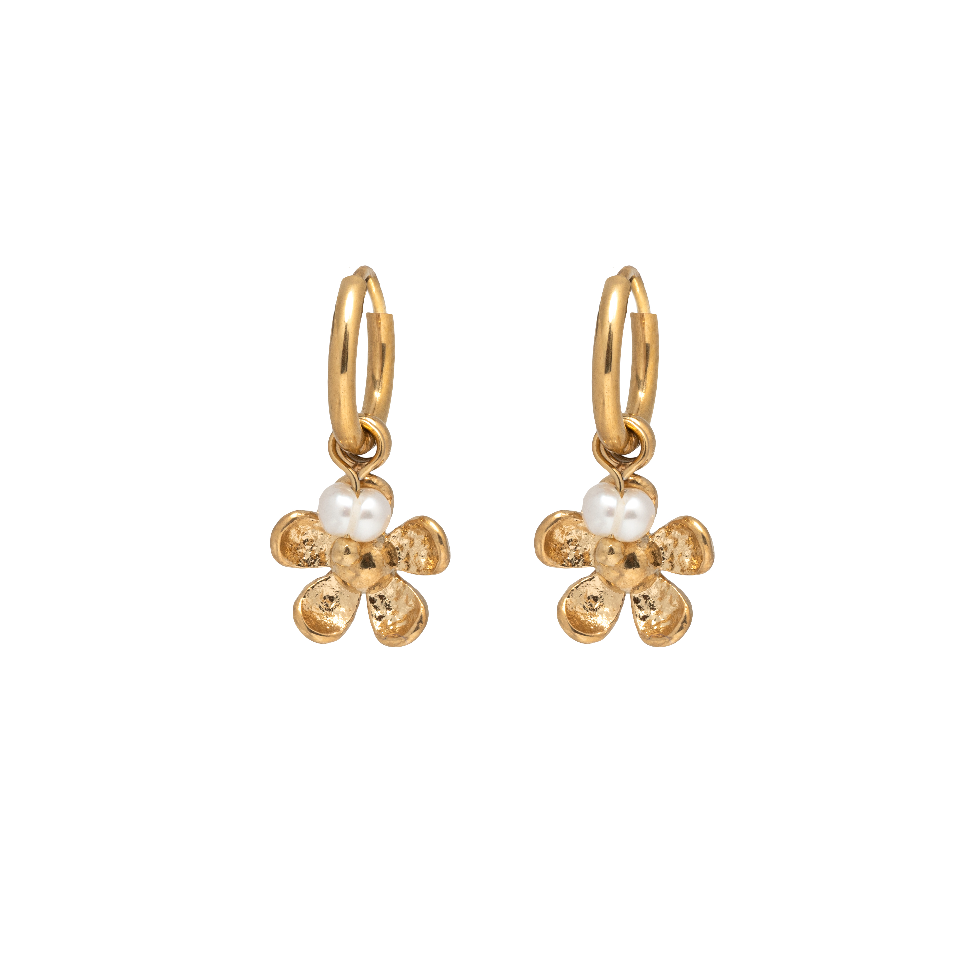 Picture of gold dainty daisy pearl huggie earring