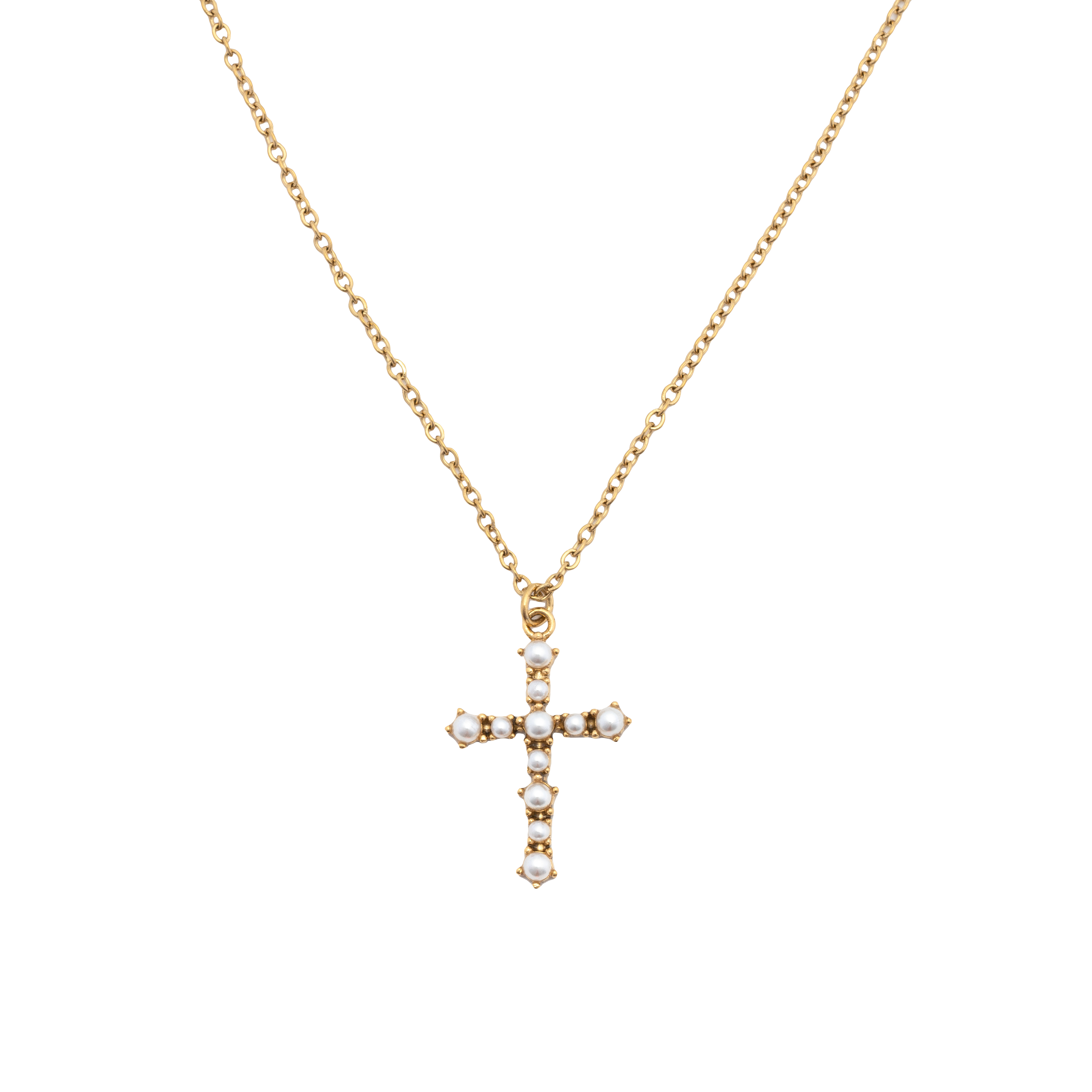 Picture of gold pearl pave cross necklace