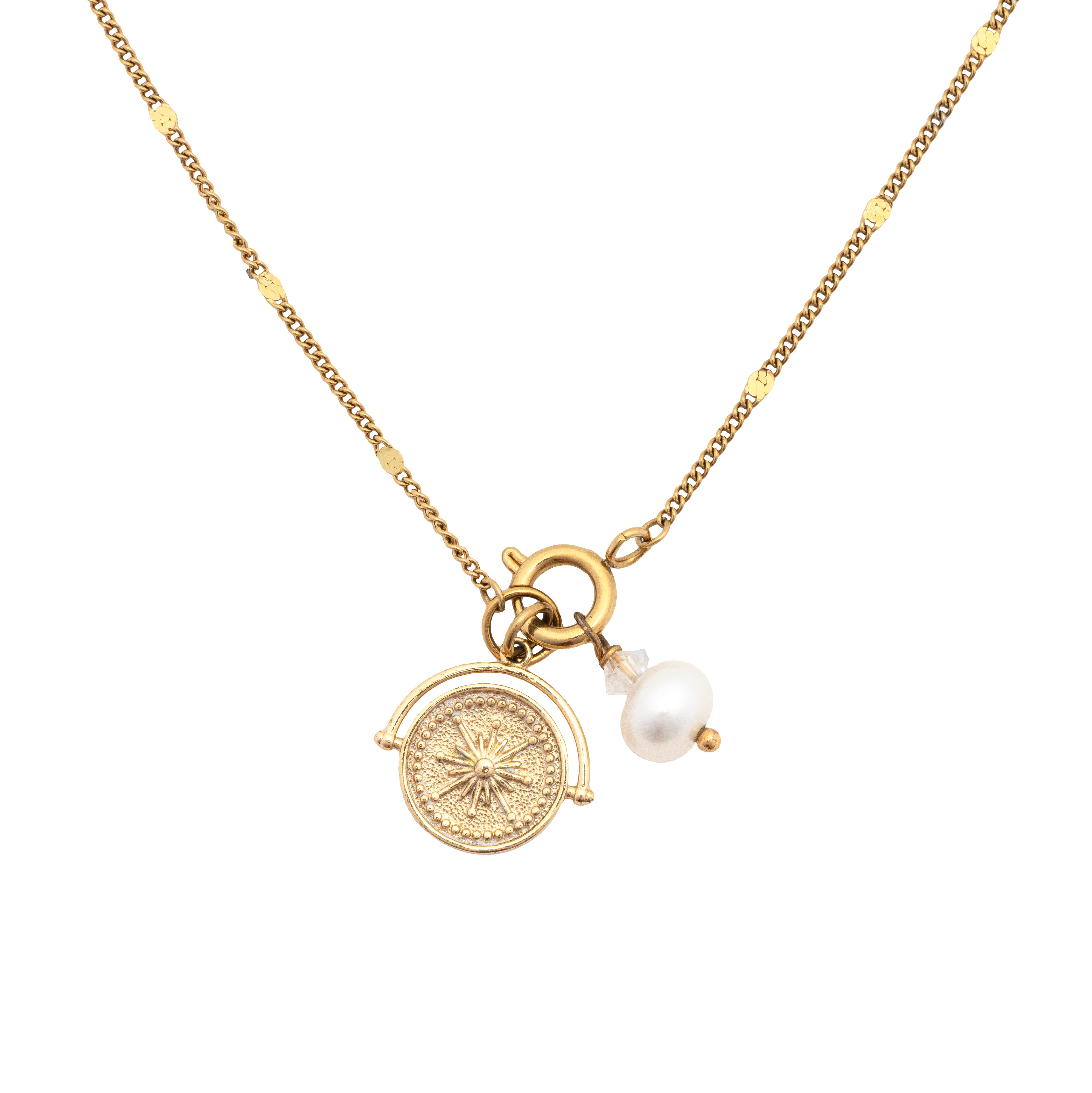 Picture of gold compass pearl necklace