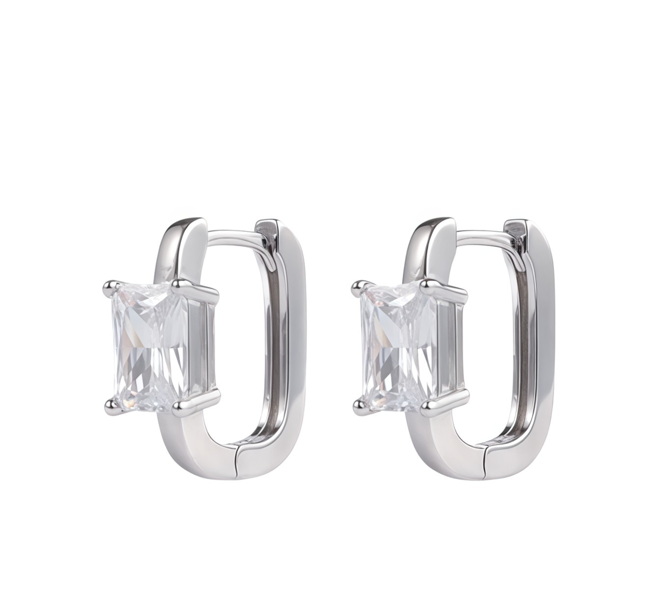 Picture of silver chunky baguette stone huggie hoop earring