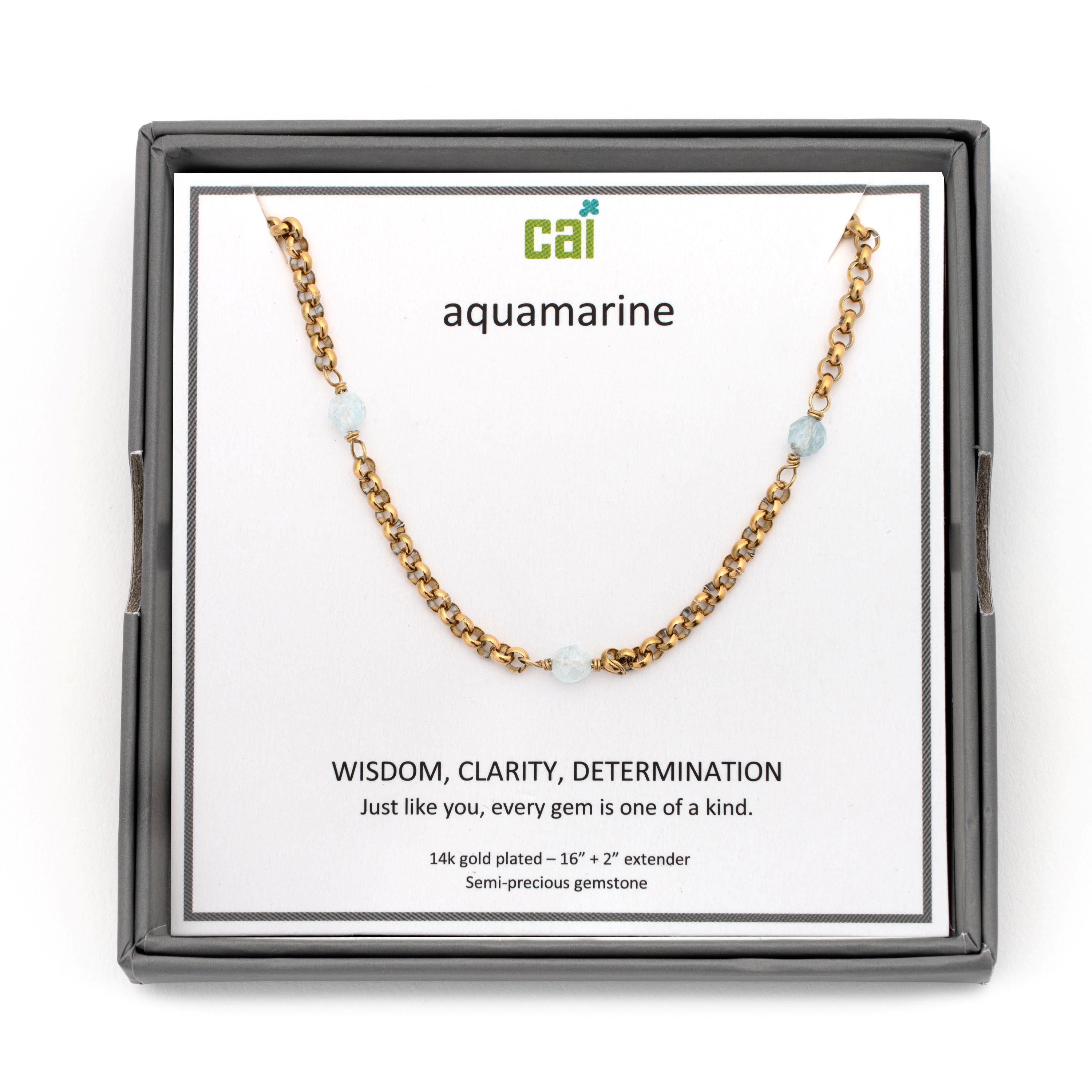 Picture of gold rolo link satellite aquamarine necklace