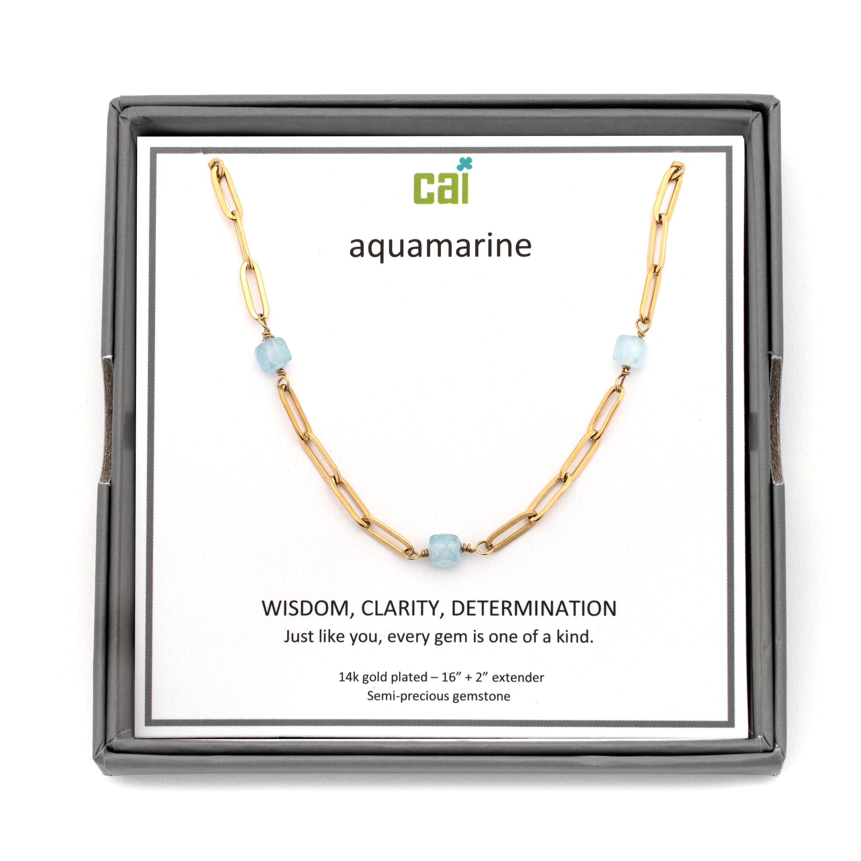 Picture of gold paperclip link satellite aquamarine necklace