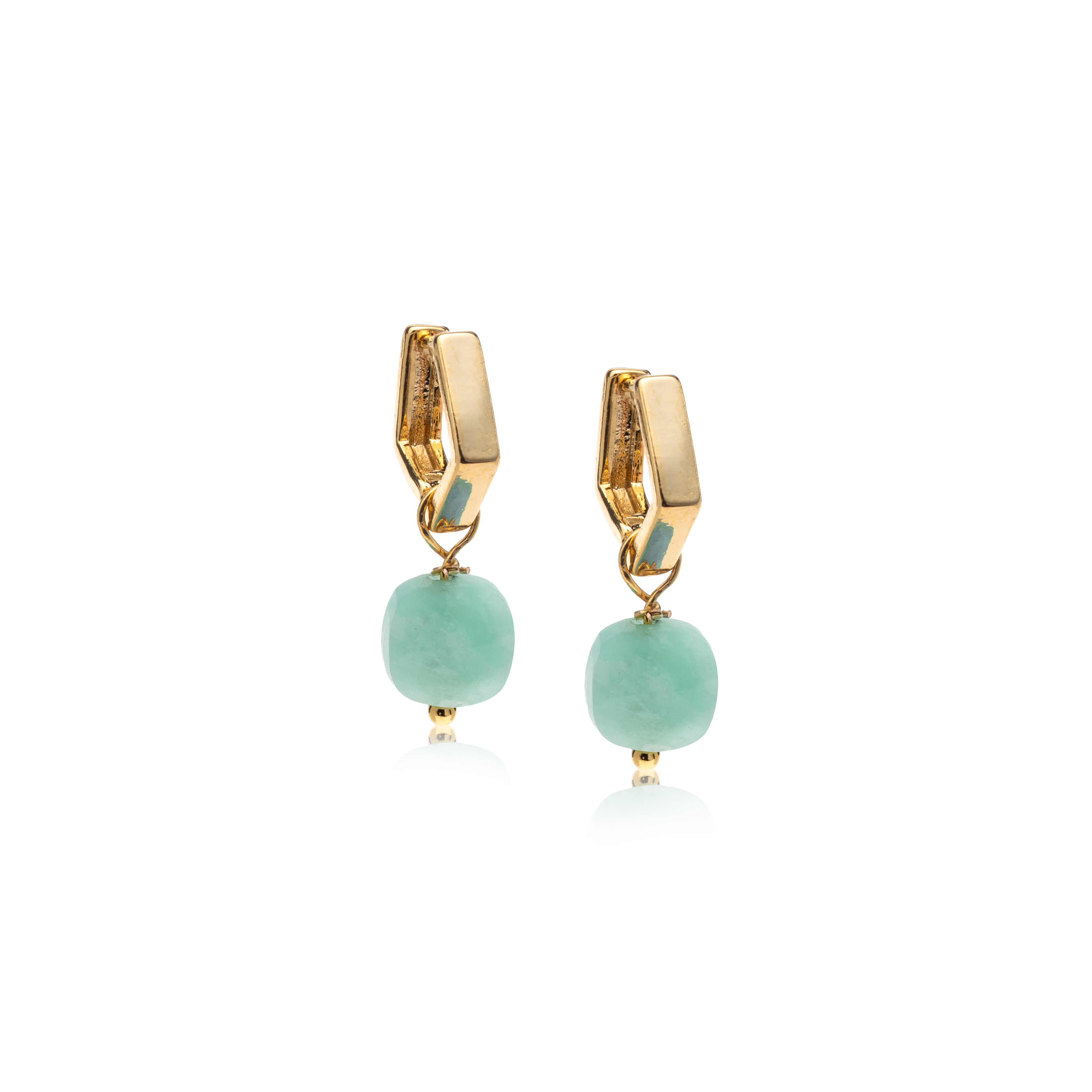 Picture of gold hexagon aquamarine huggie hoop earrings