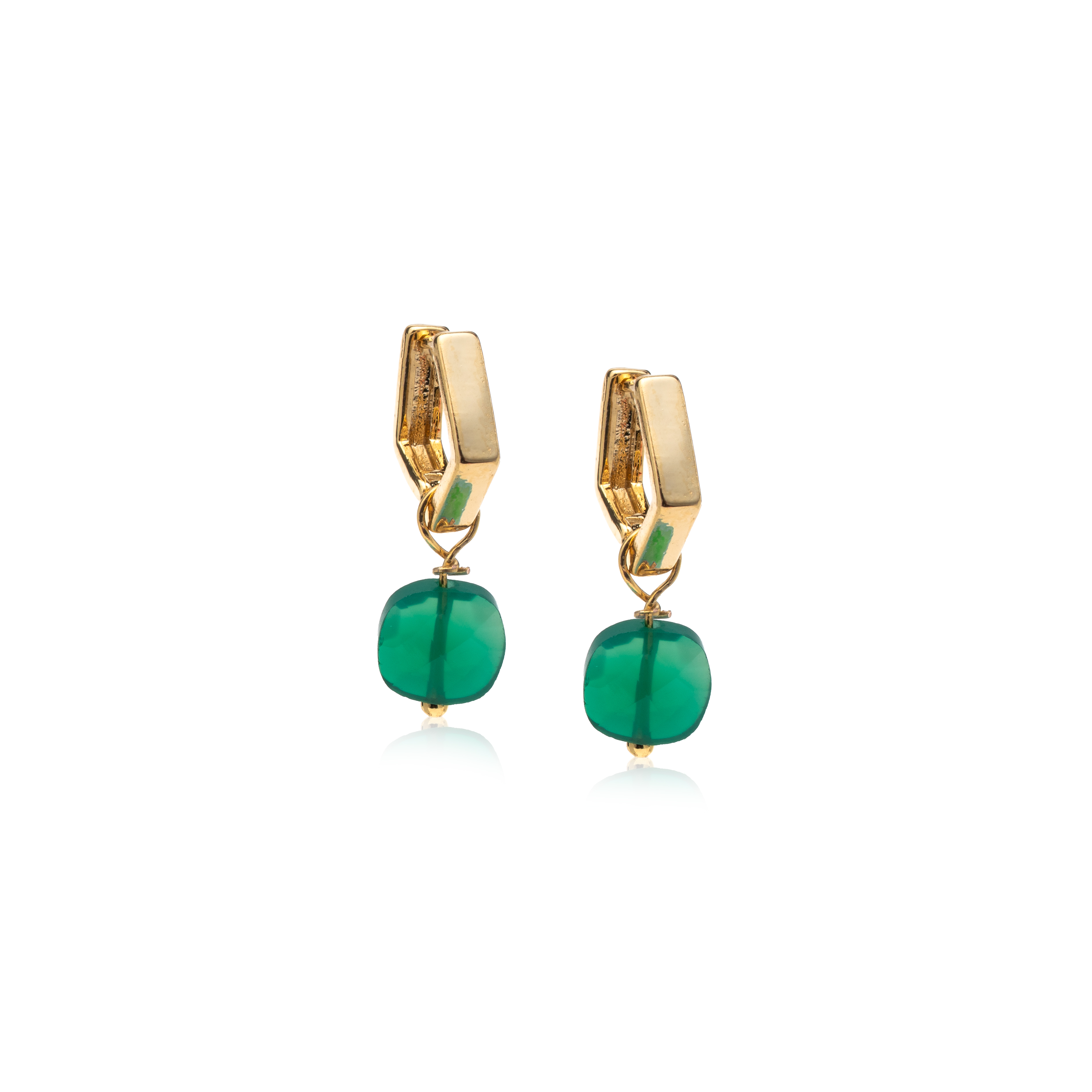 Picture of gold hexagon emerald huggie hoop earrings