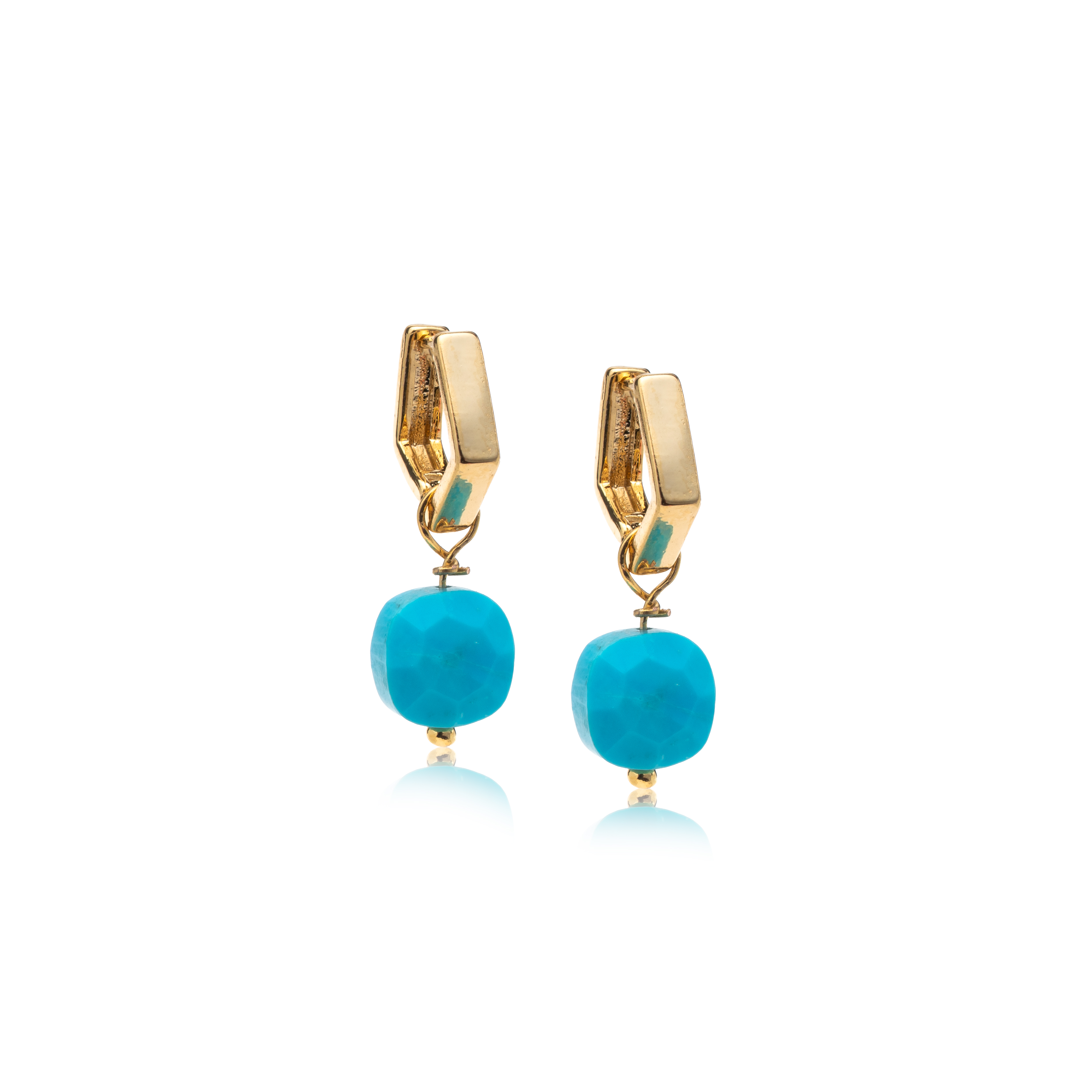 Picture of gold hexagon turquoise huggie hoop earrings