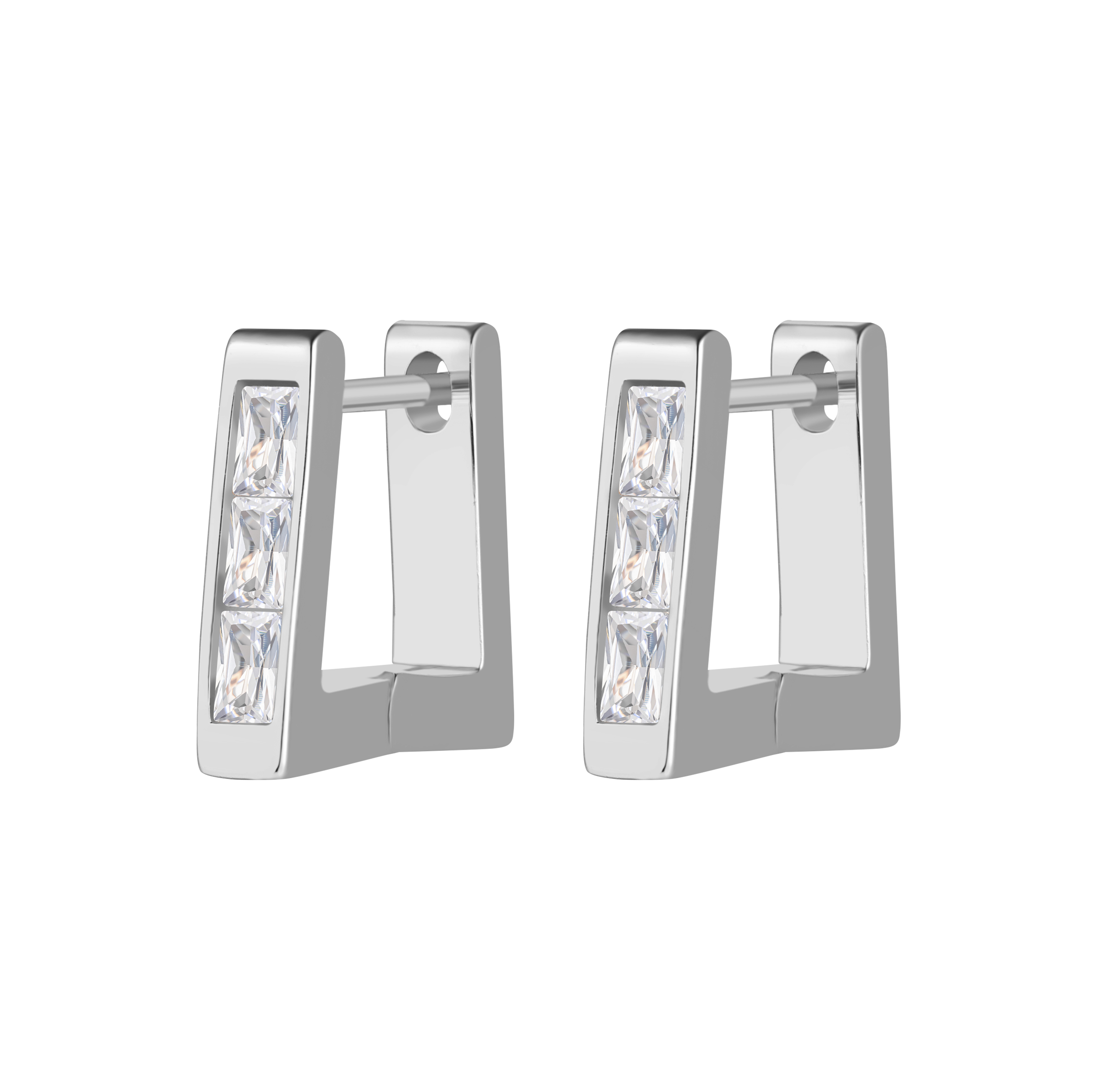 Picture of silver trapezoid white stone huggie hoop earring