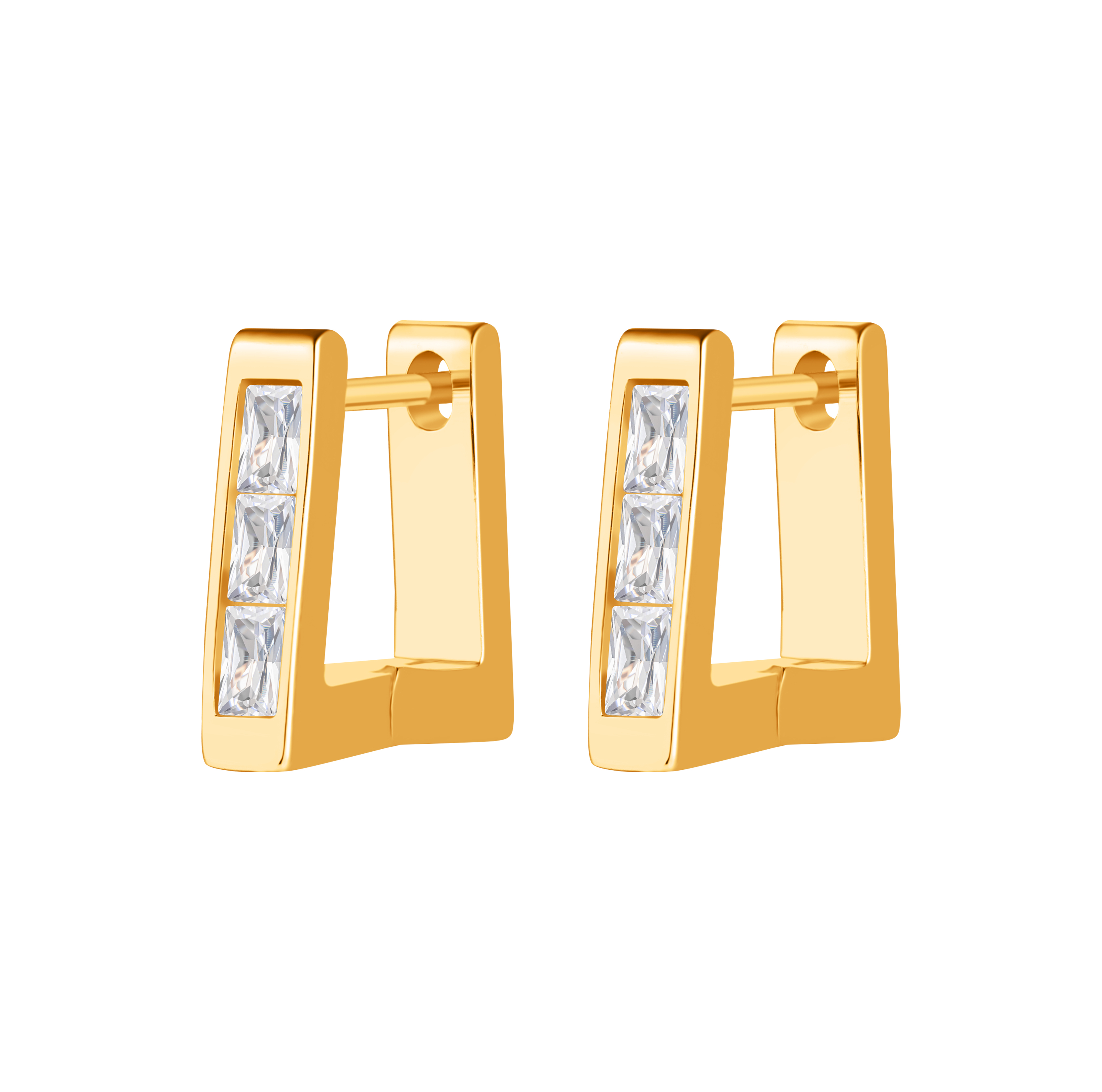 Picture of gold trapezoid white stone huggie hoop earring