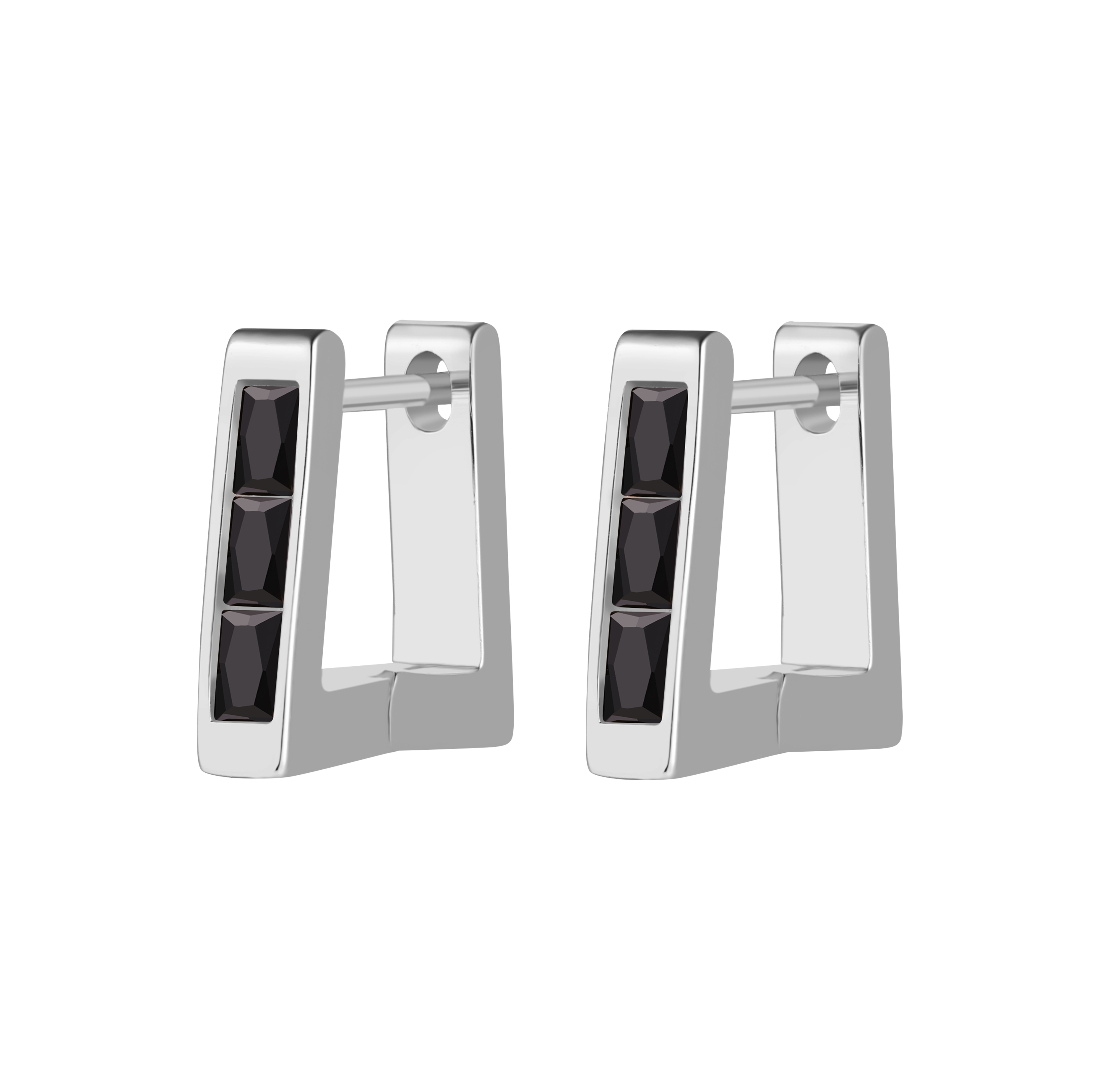 Picture of silver trapezoid black stone huggie hoop earring