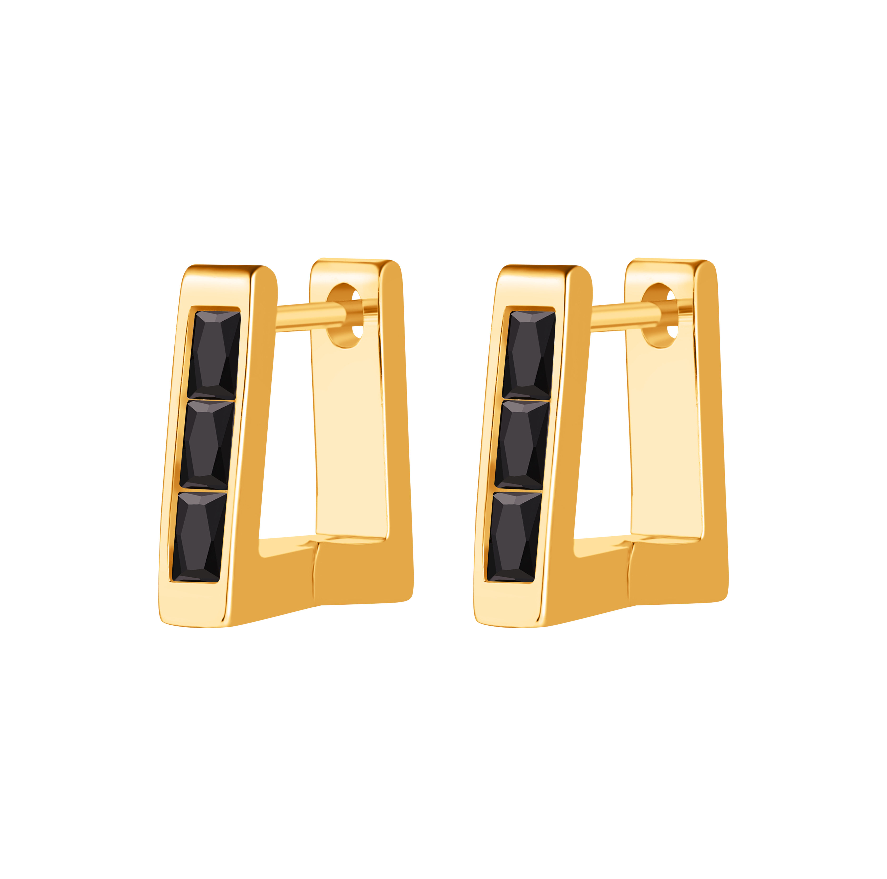 Picture of gold trapezoid black stone huggie hoop earring