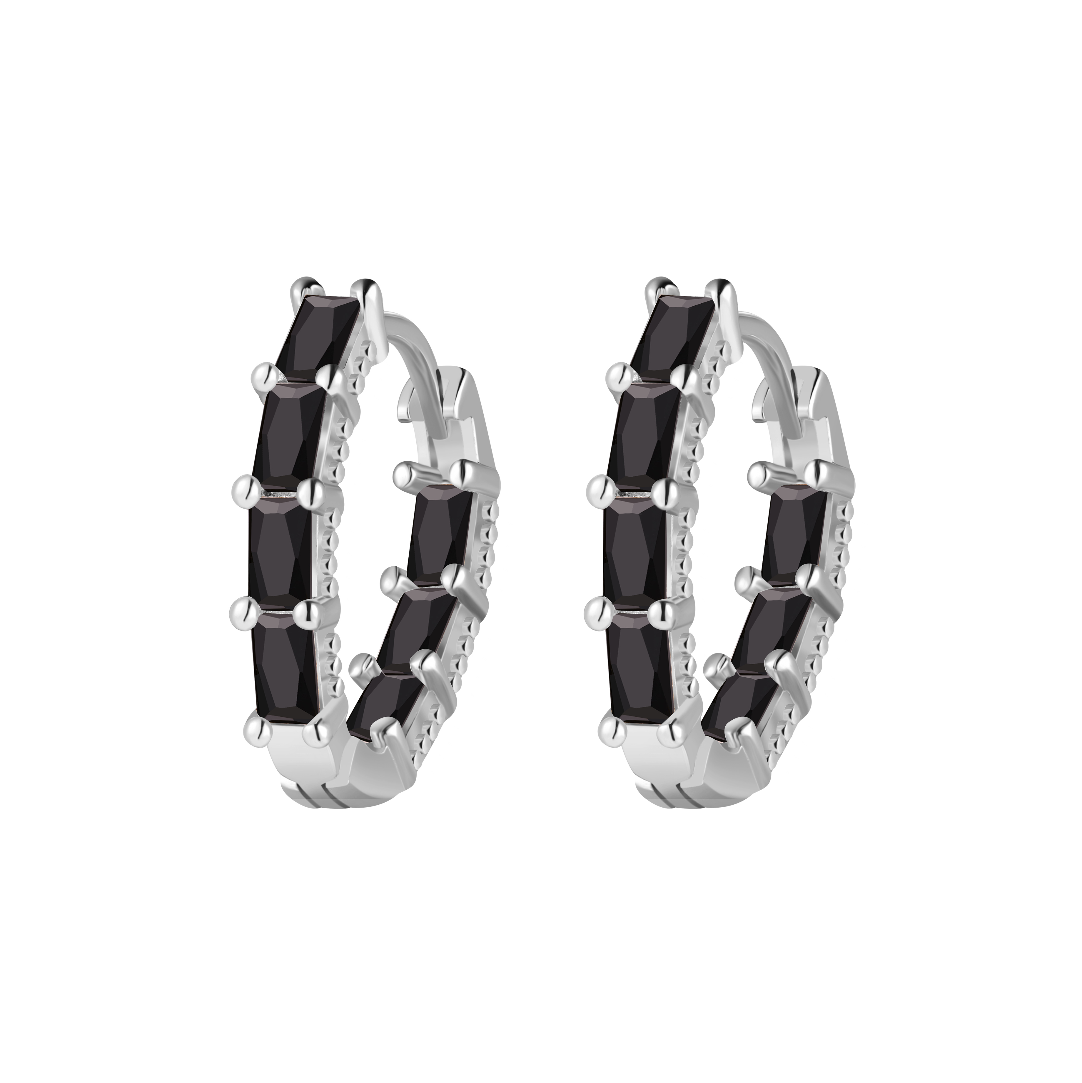 Picture of silver oval black stone huggie hoop earring