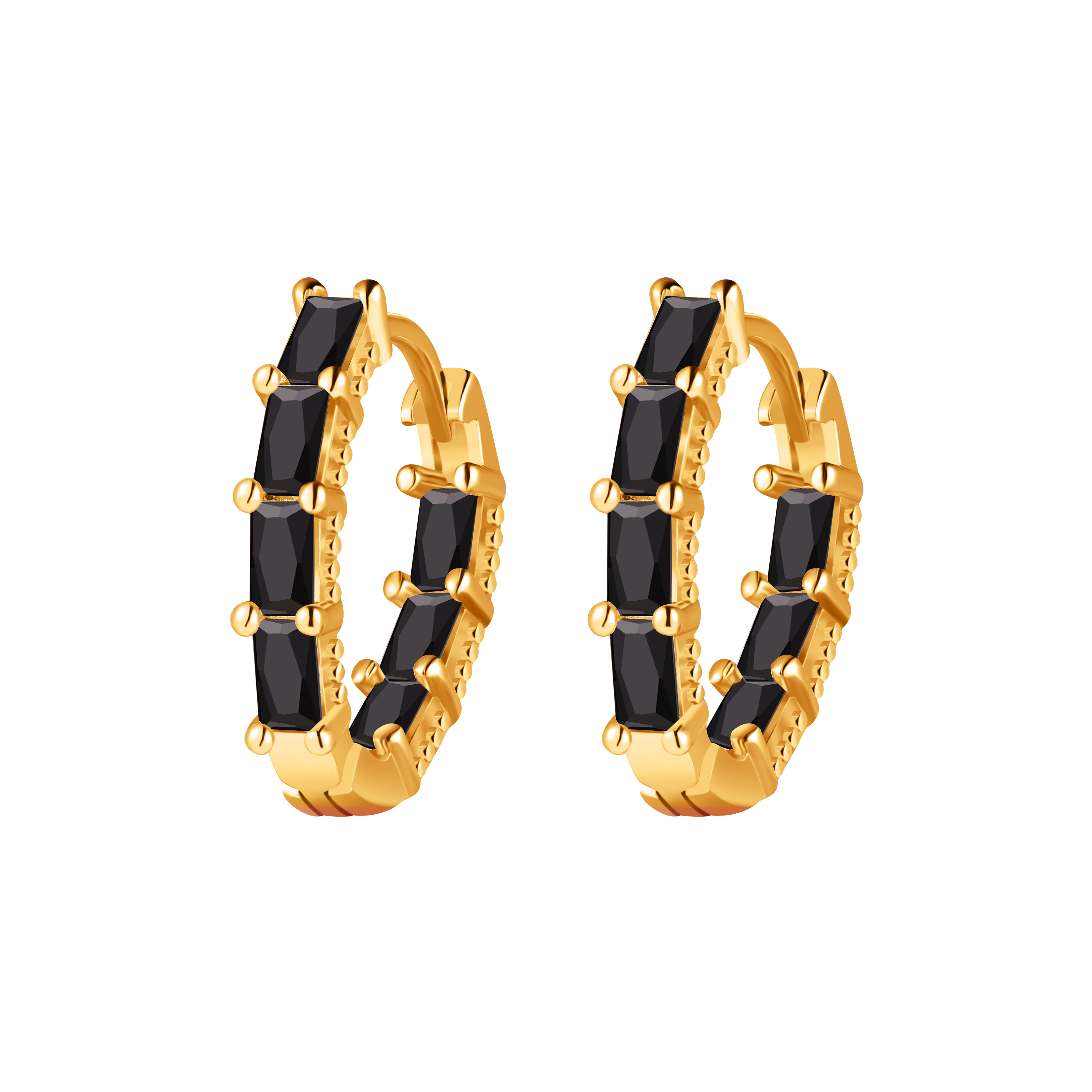 Picture of gold oval black stone huggie hoop earring