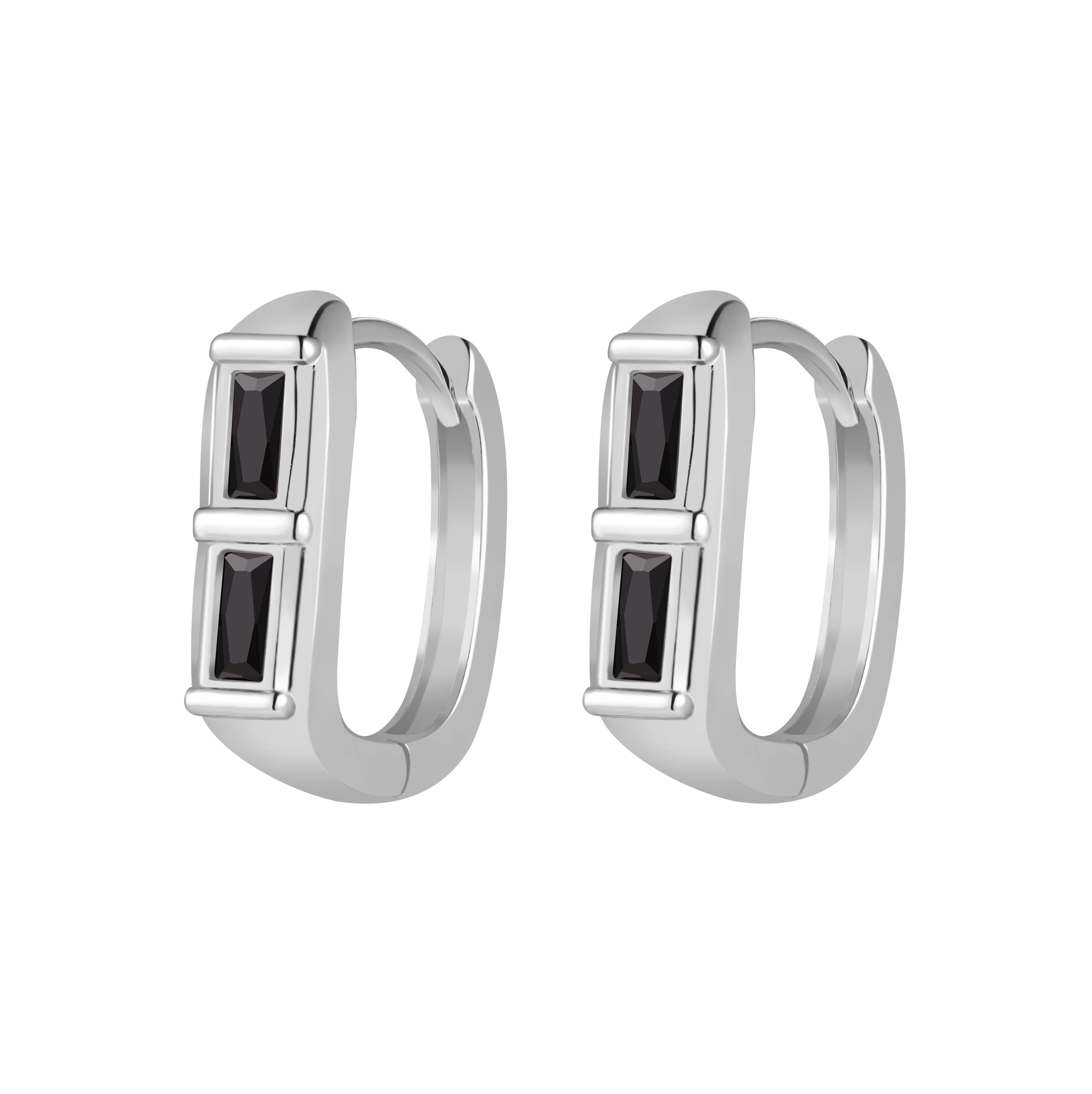 Picture of silver duo baguette black stone huggie hoop earrin