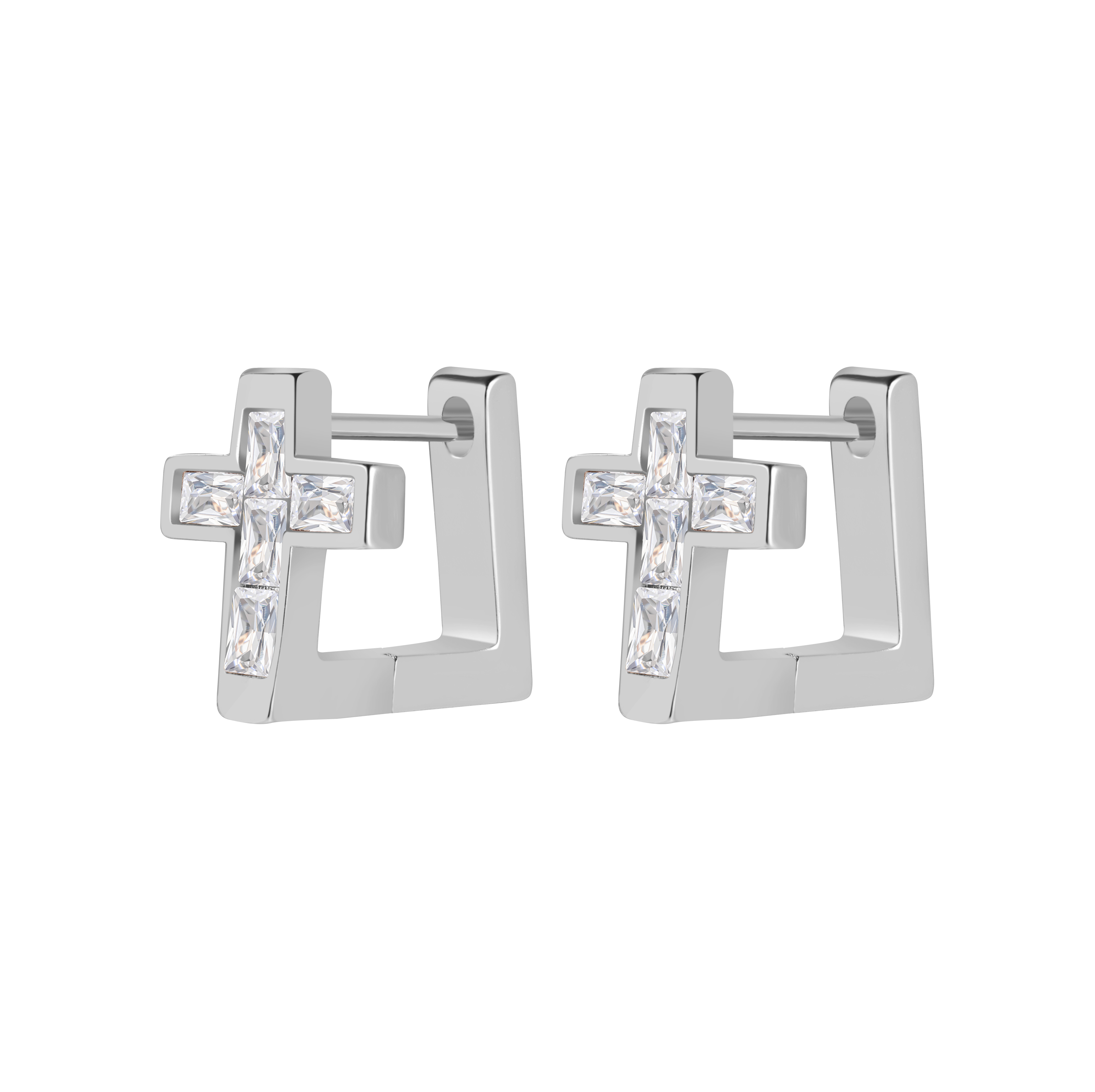 Picture of silver cross white stone huggie hoop earring