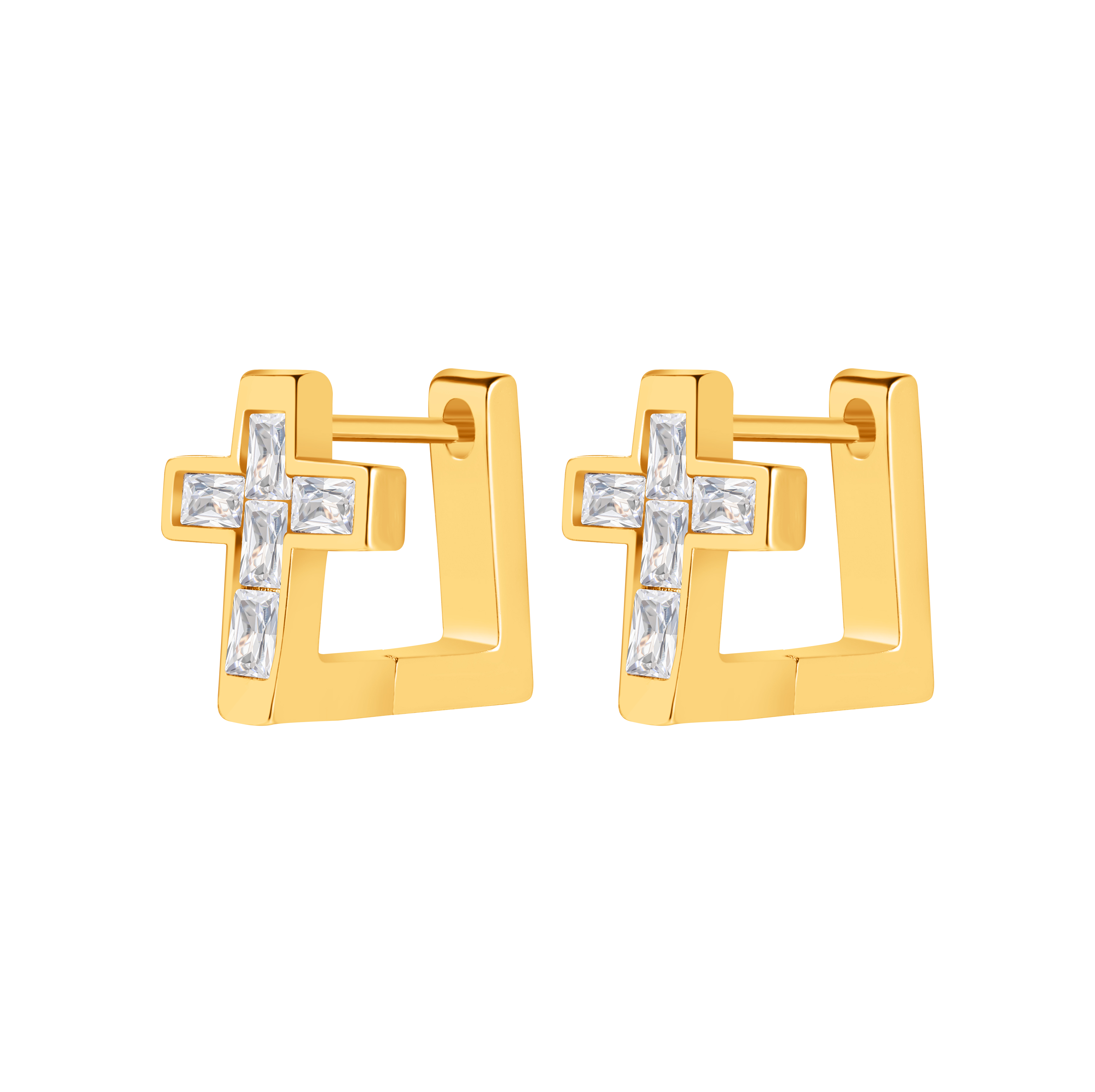 Picture of gold cross white stone huggie hoop earring