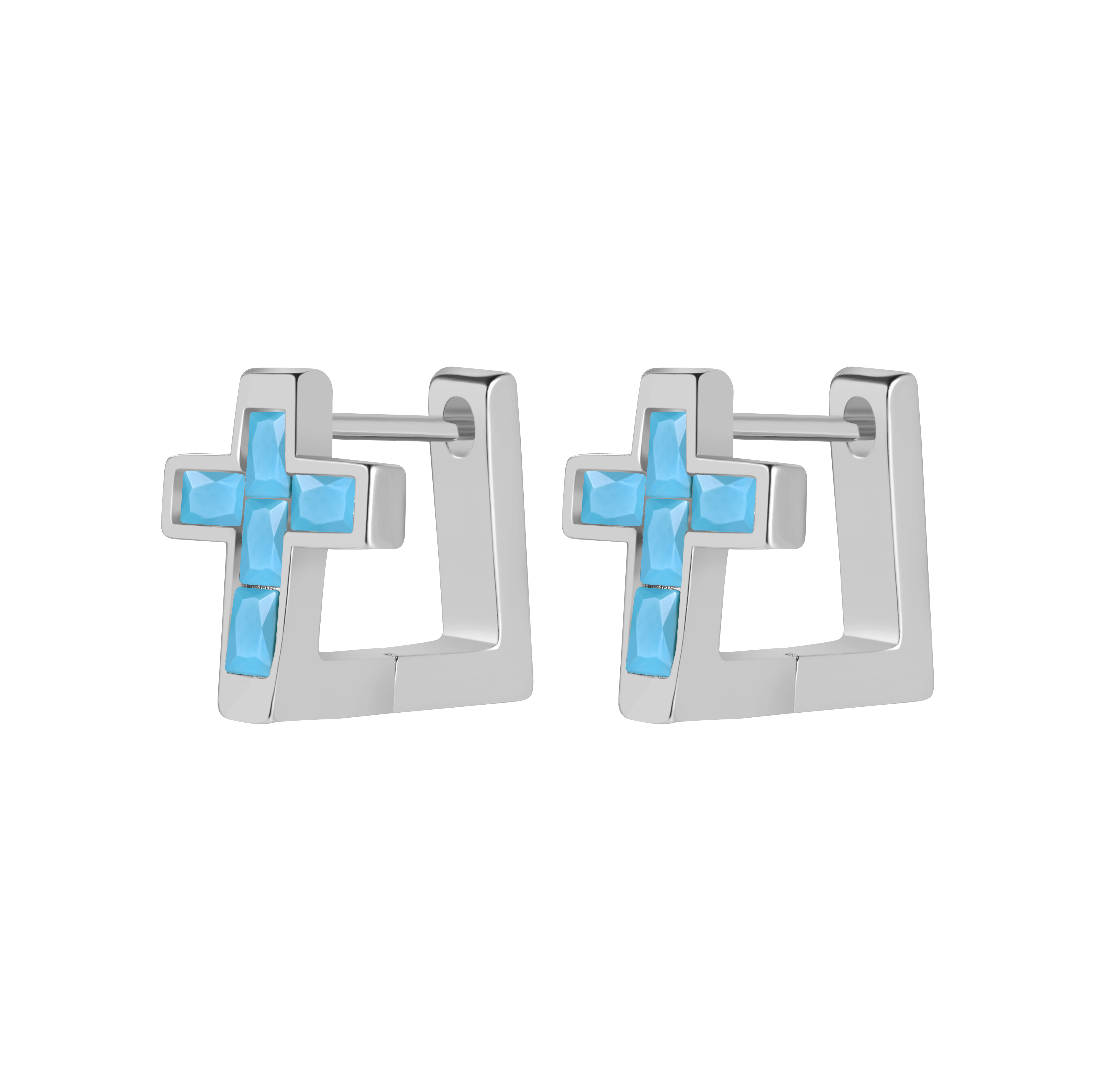 Picture of silver cross turquoise stone huggie hoop earring