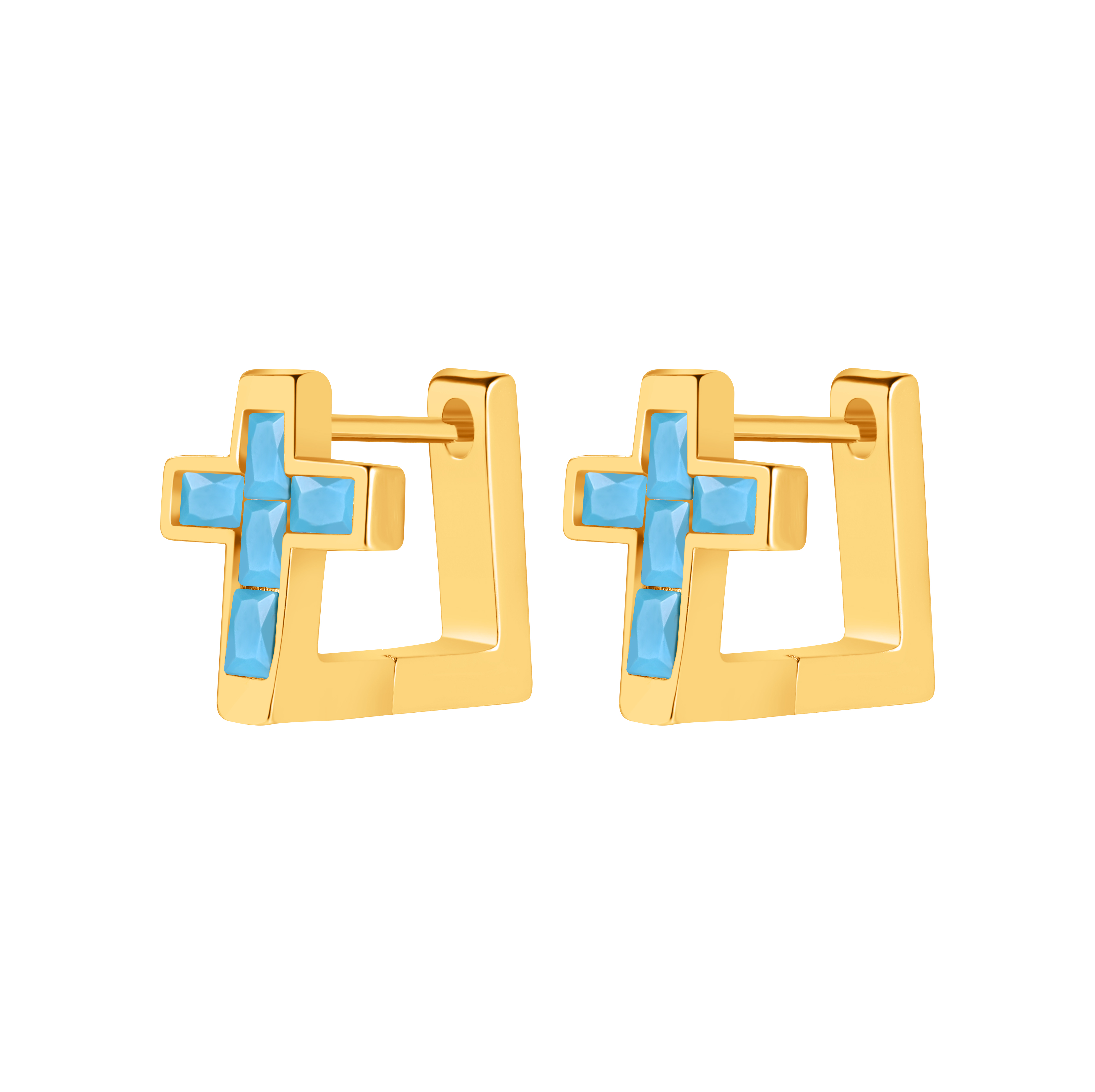 Picture of gold cross turquoise stone huggie hoop earring