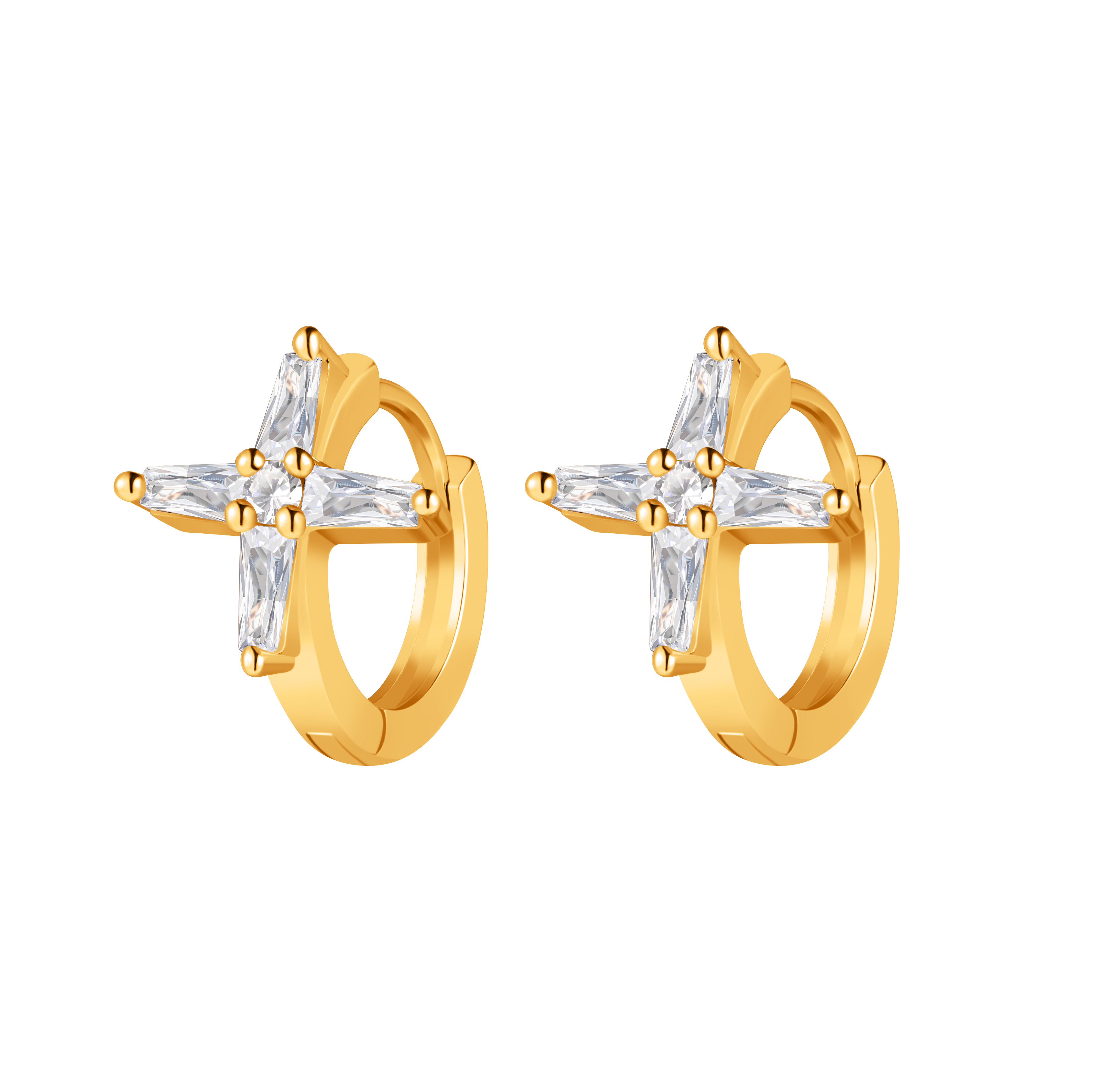 Picture of gold starburst white stone huggie hoop earring