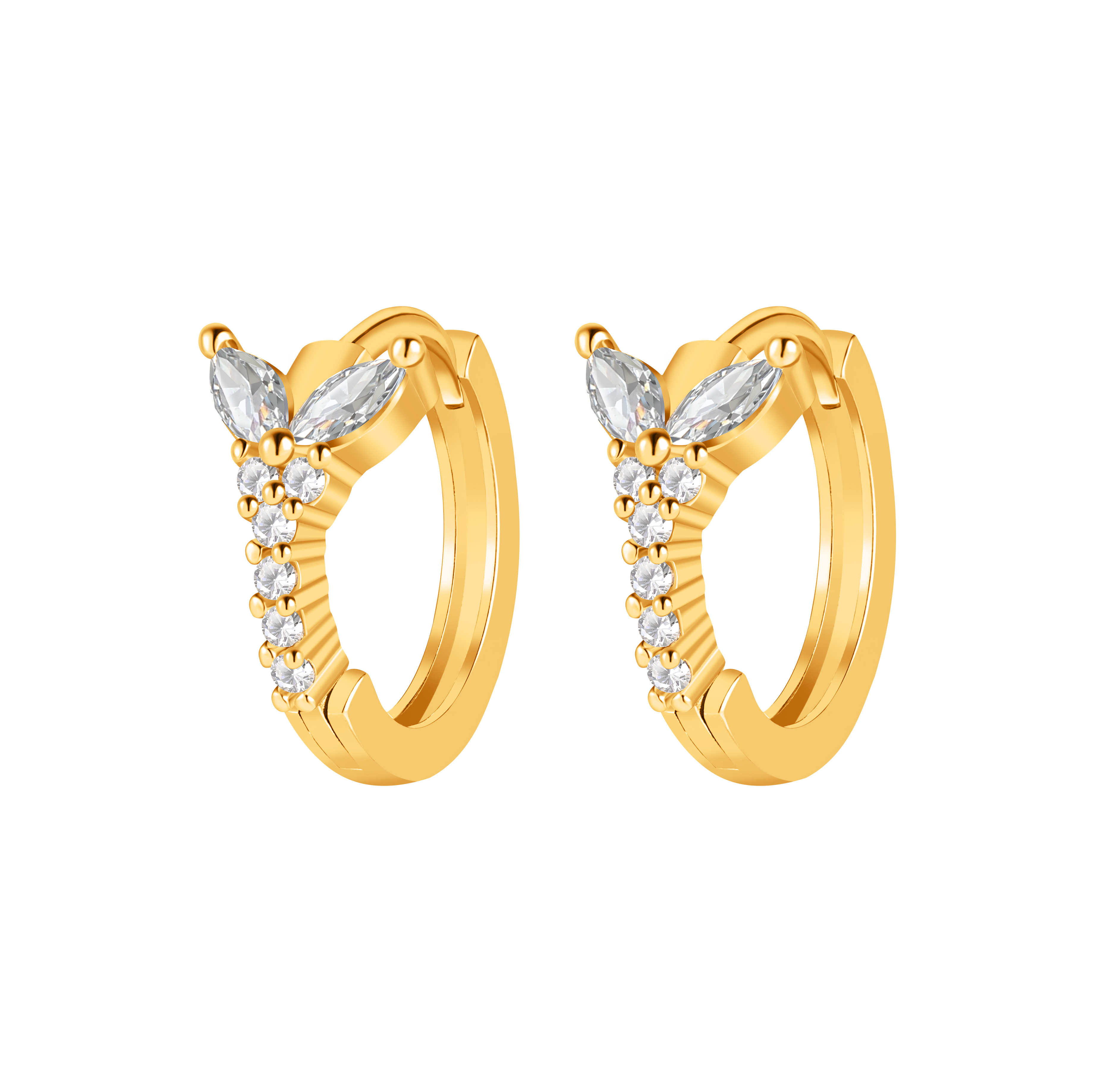 Picture of gold butterfly bloom white stone huggie hoop earri