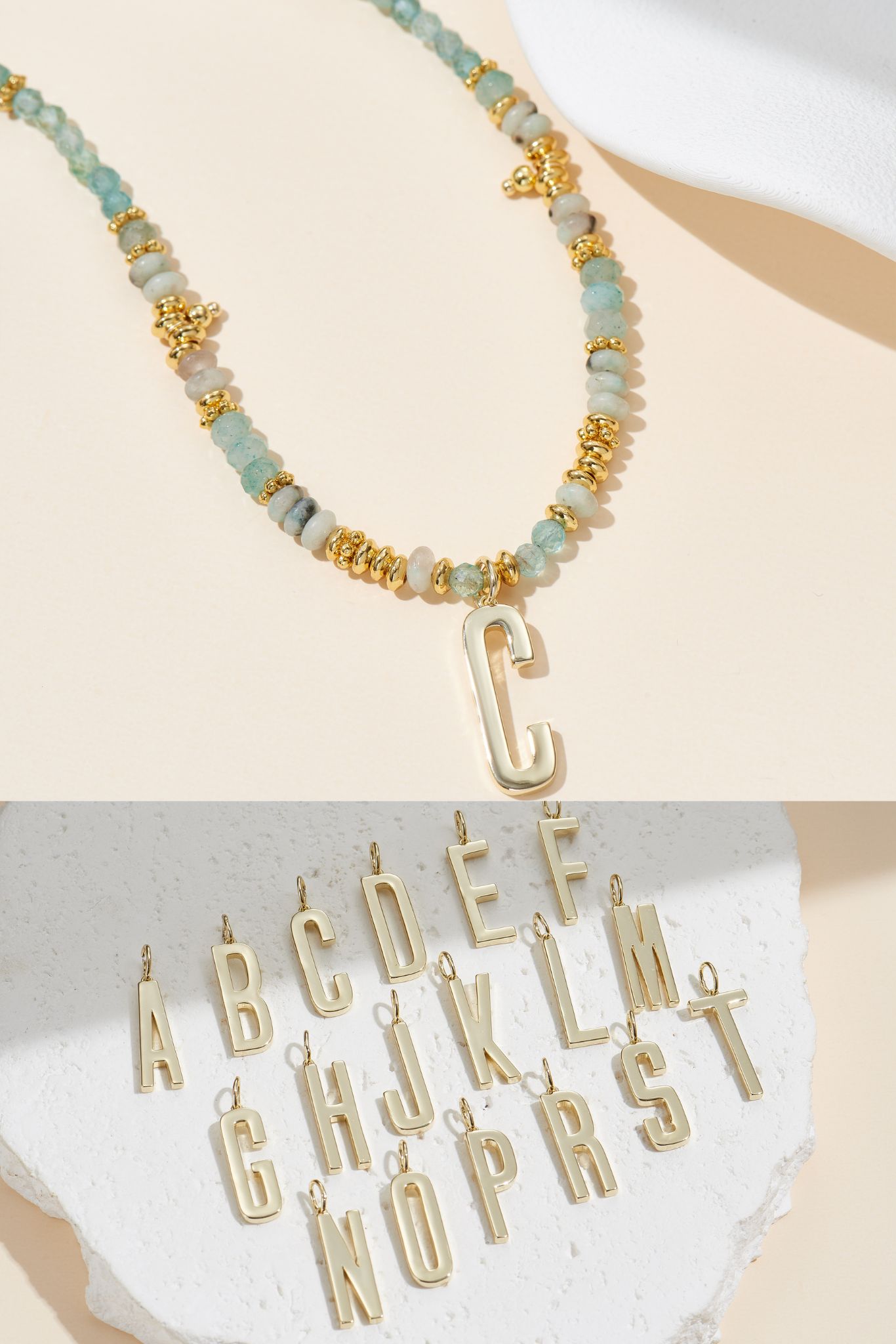Picture of gold apatite rock your letter initial necklace - B