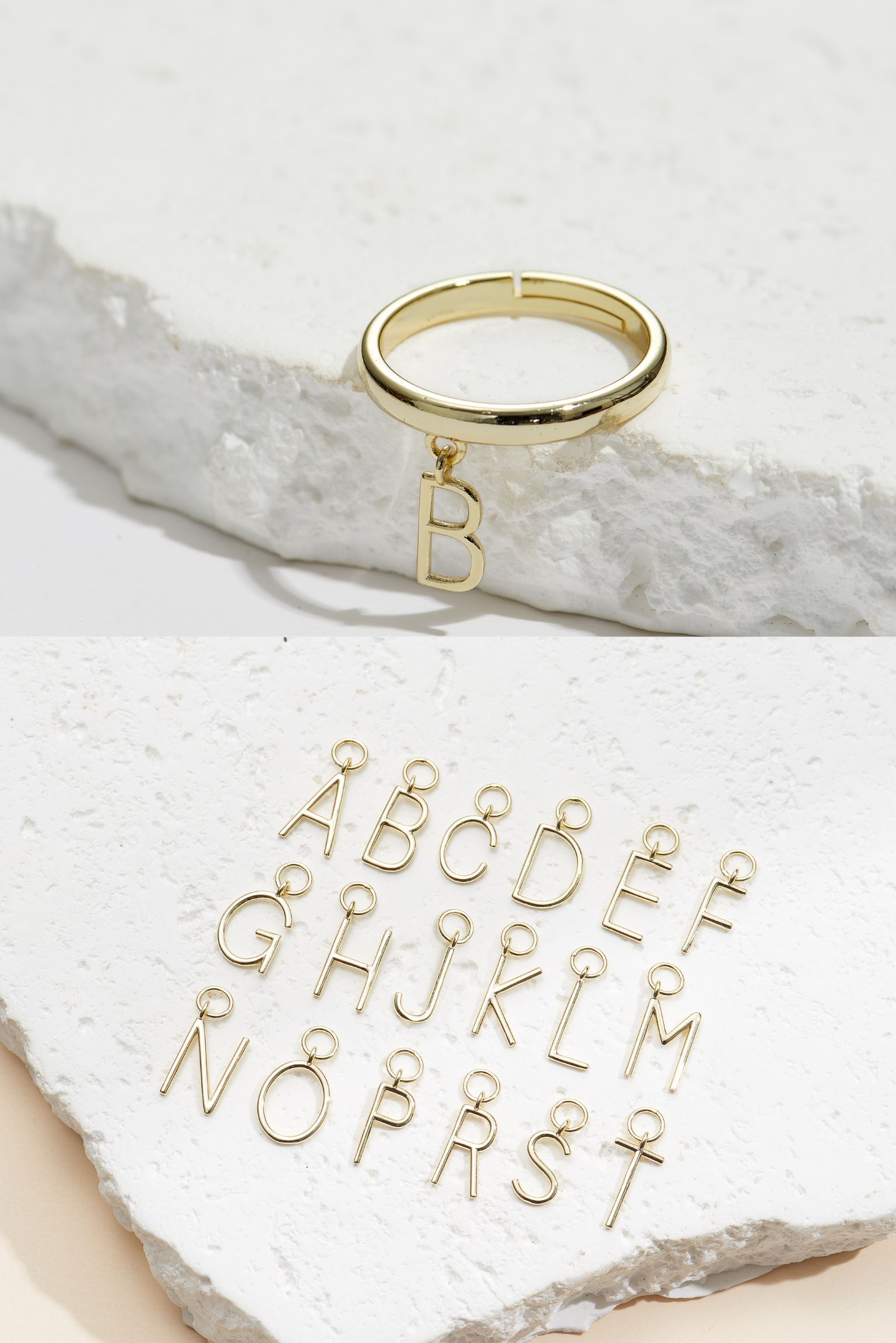 Picture of gold mini letter dangle initial ring - S