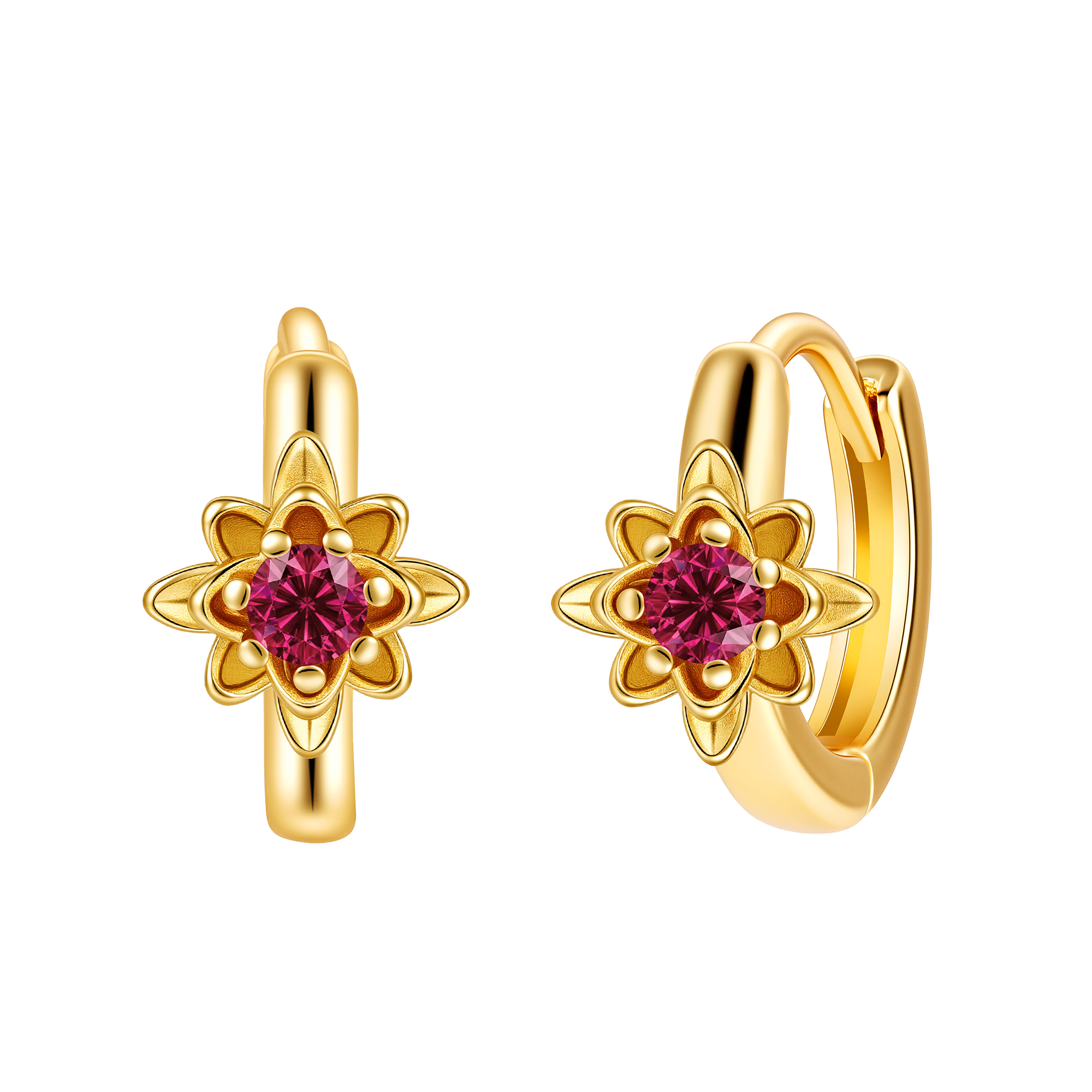Picture of gold birth bloom water lily-ruby birthstone earrin