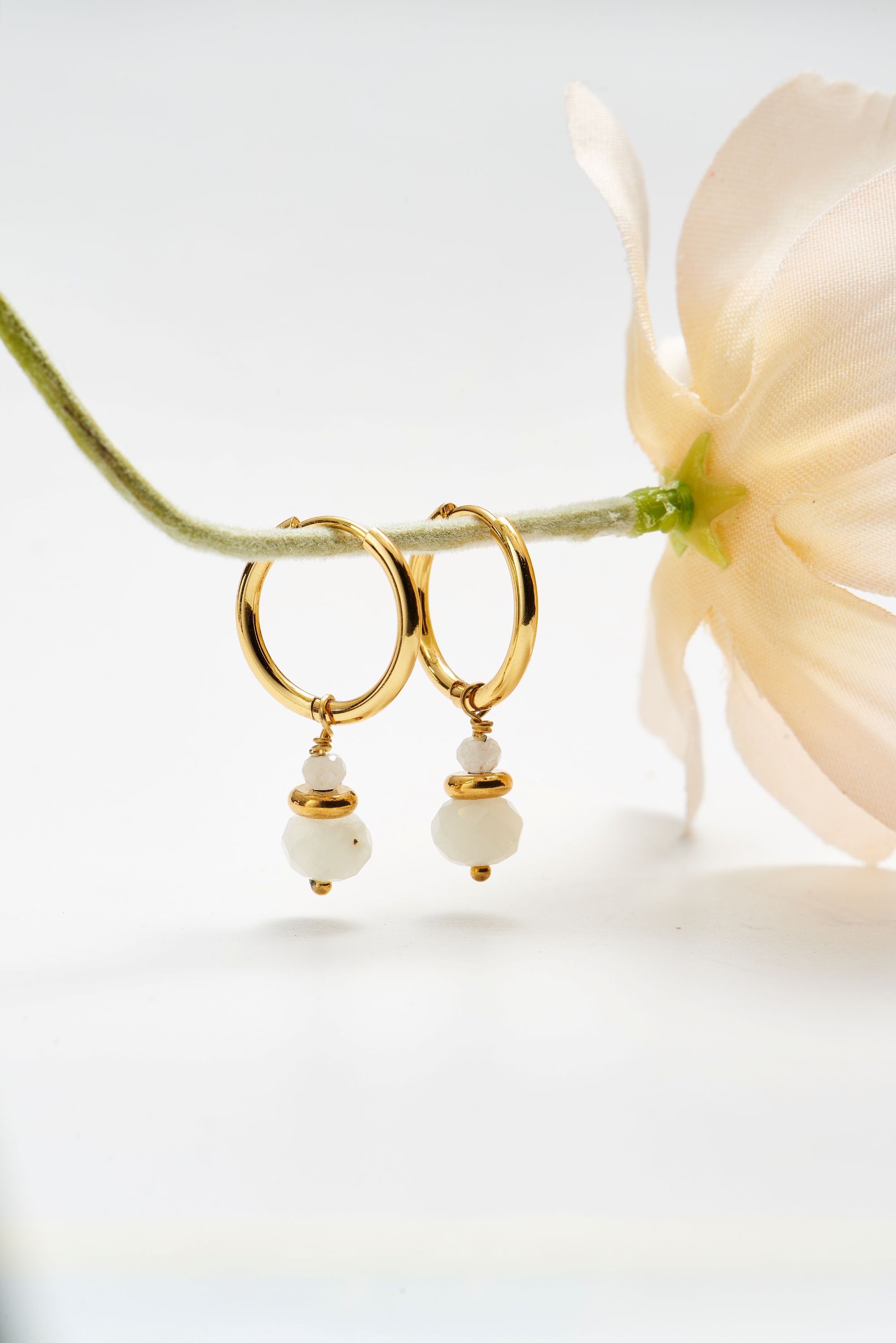 Picture of gold round moonstone hoop + gem earrings