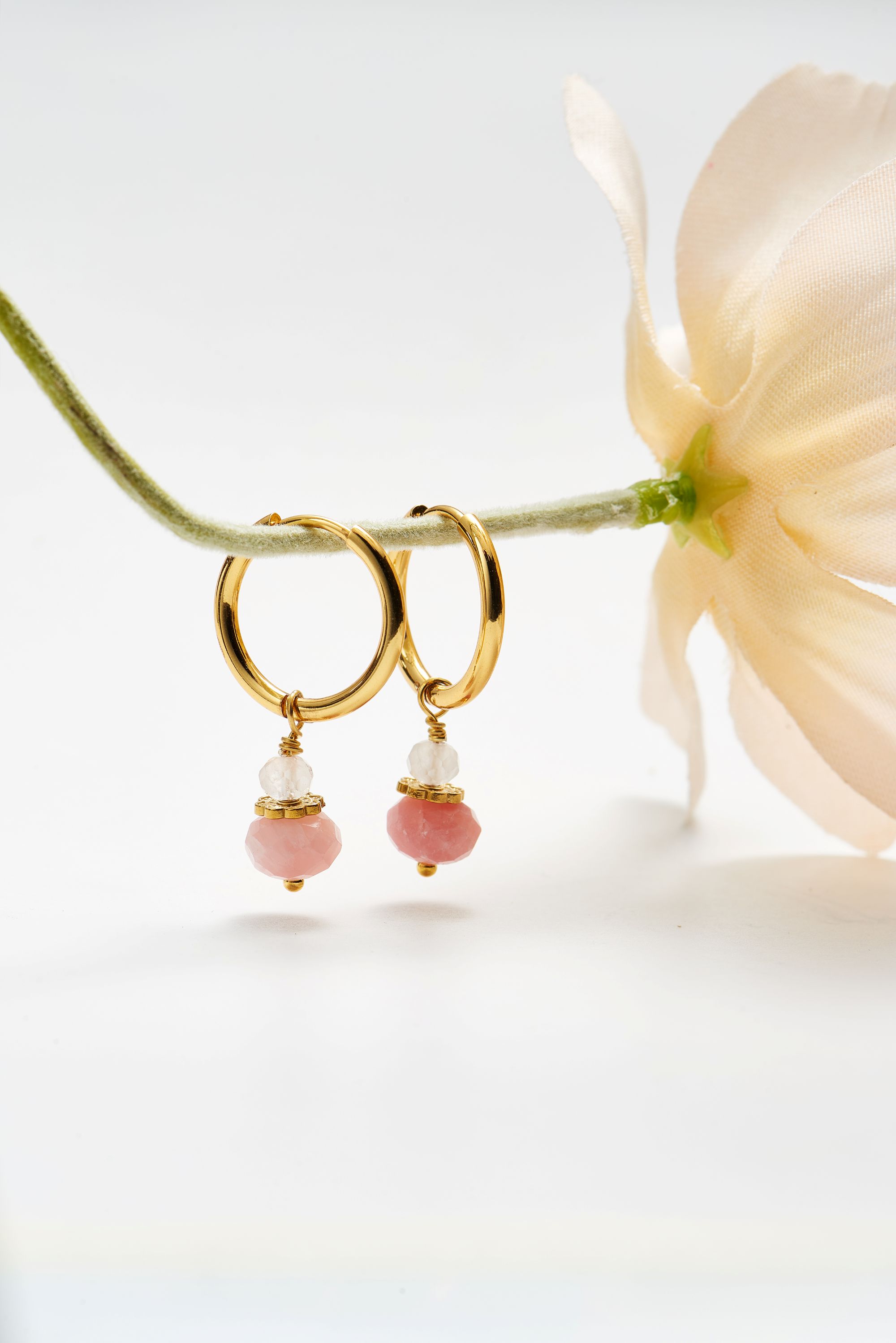 Picture of gold round pink opal hoop + gem earrings