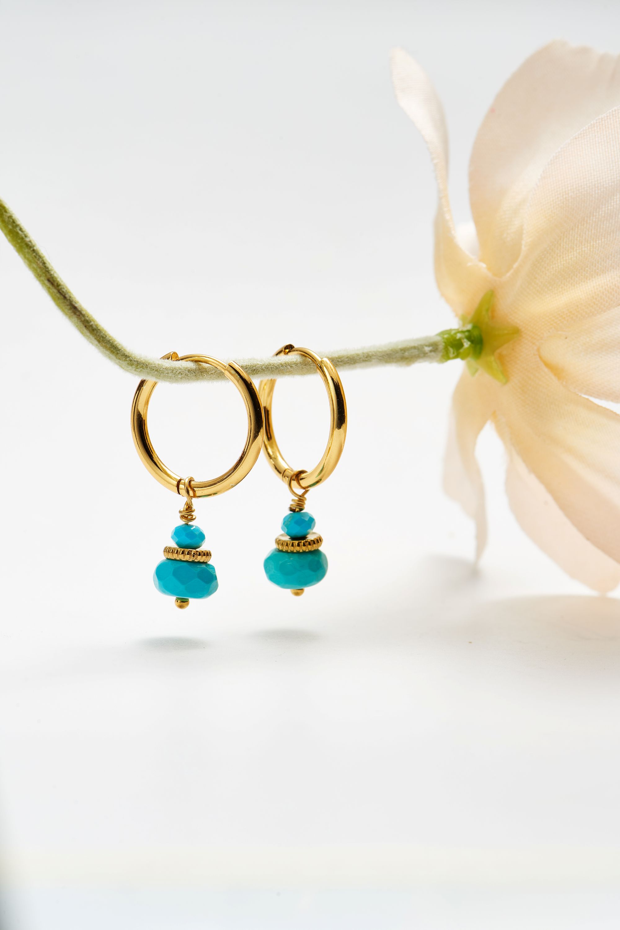 Picture of gold round turquoise hoop + gem earrings